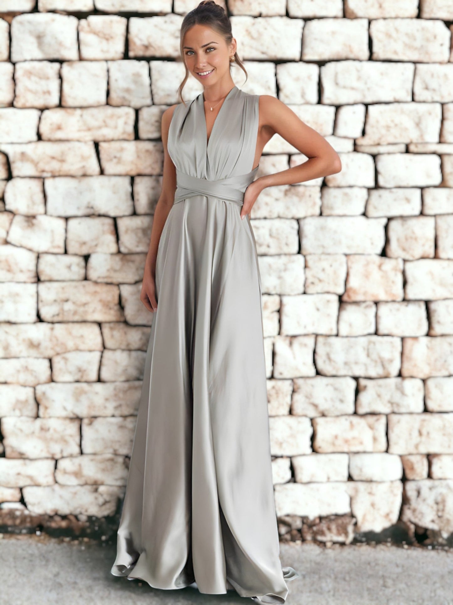 Vestido largo multiusos con escote en V y espalda descubierta