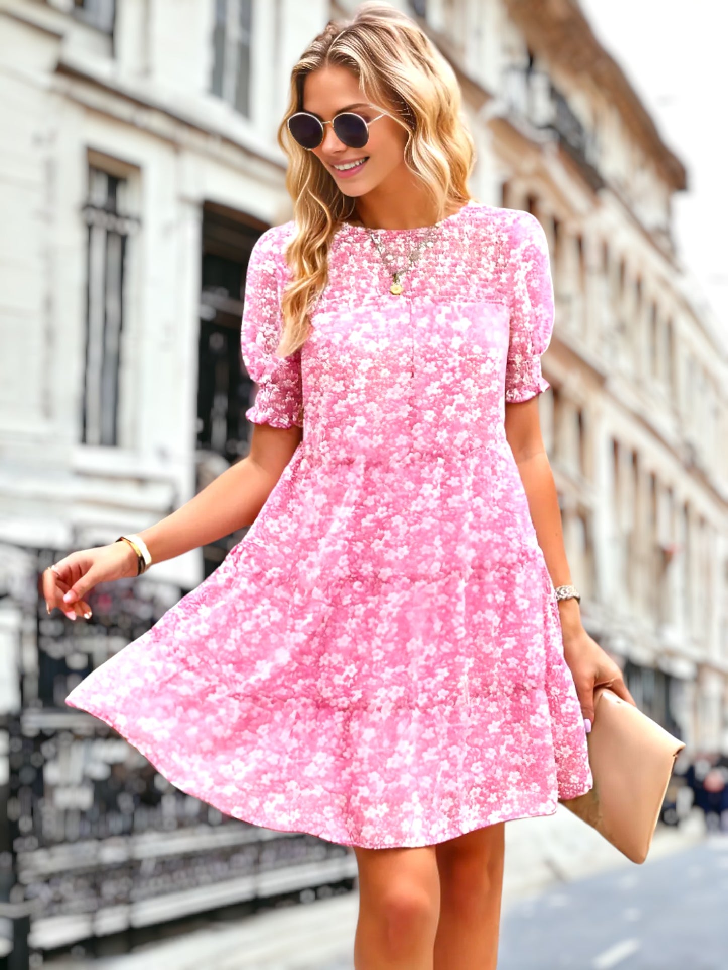 Shirred Round Neck Floral Dress