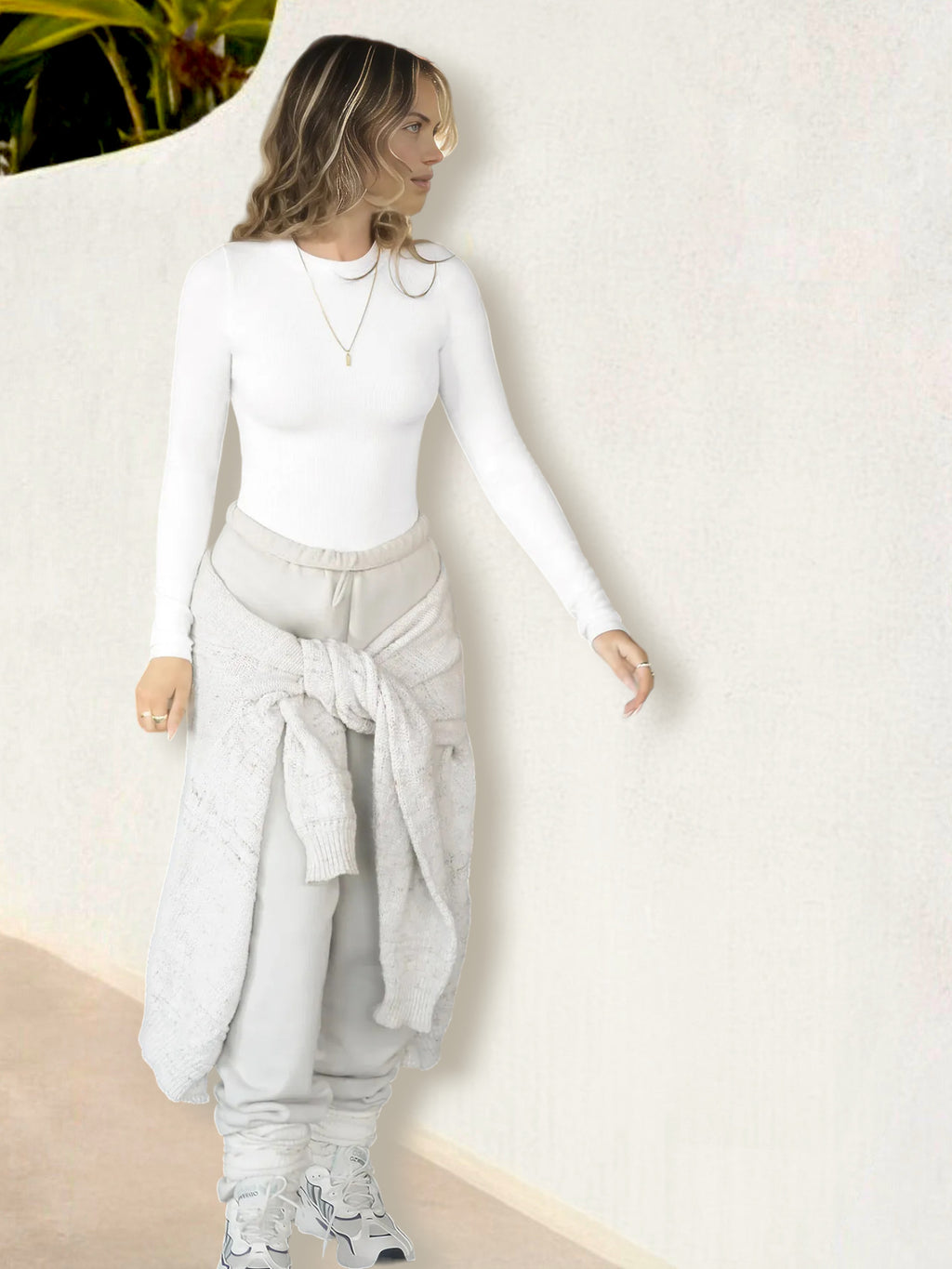 Top de cuello redondo y manga larga acanalado para mujer de Anna-Kaci