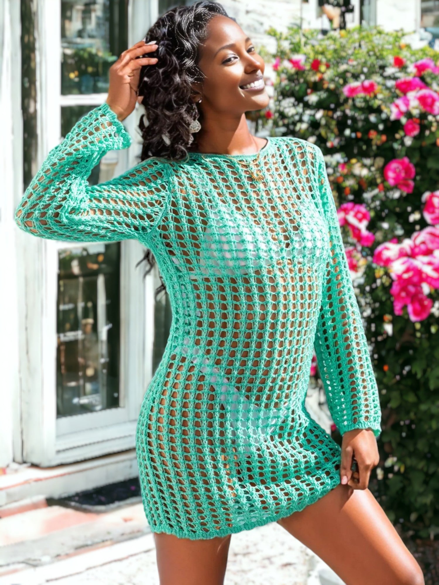 Knitted Crochet Mesh Tunic Bikini Cover Up Anna-Kaci Knitted Crochet Mesh Tunic Bikini Cover Up Anna-Kaci