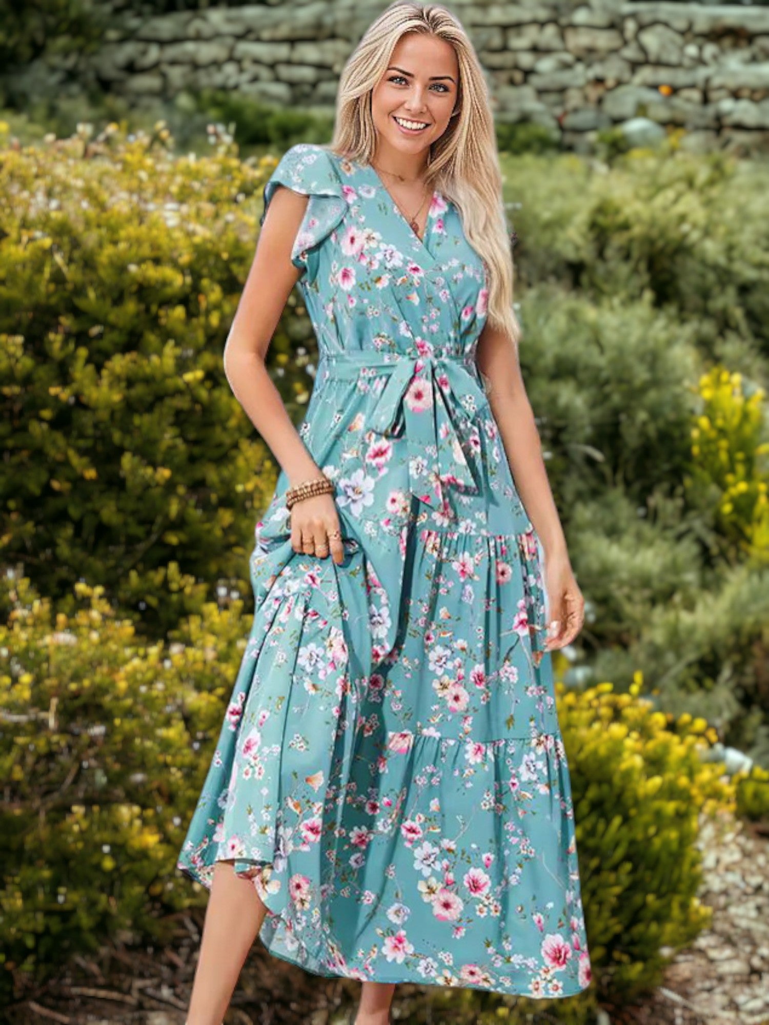 Vestido largo con escote en V, mangas con volantes y lazo en la cintura