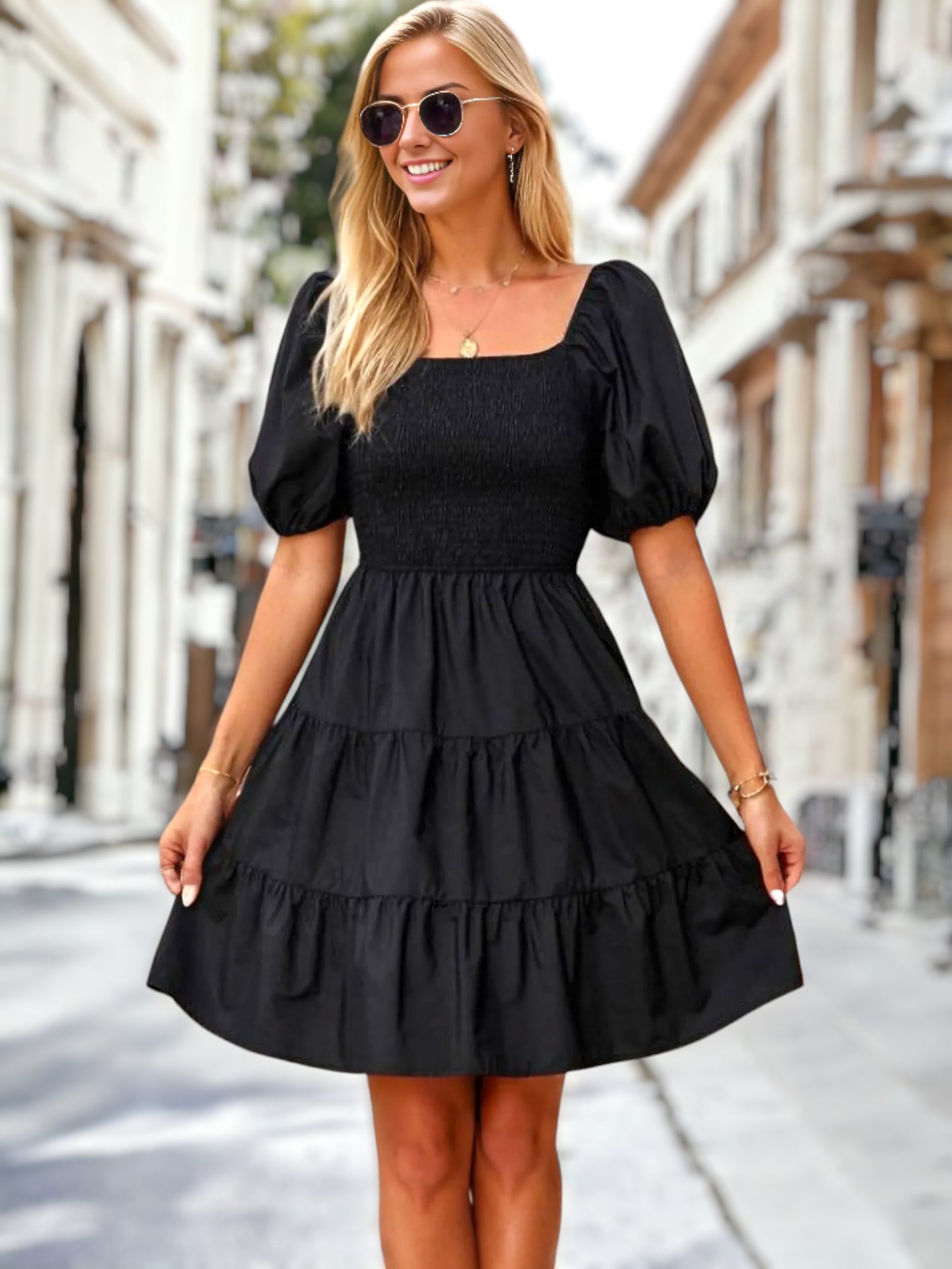Square Neck Shirred Puff Sleeve Dress