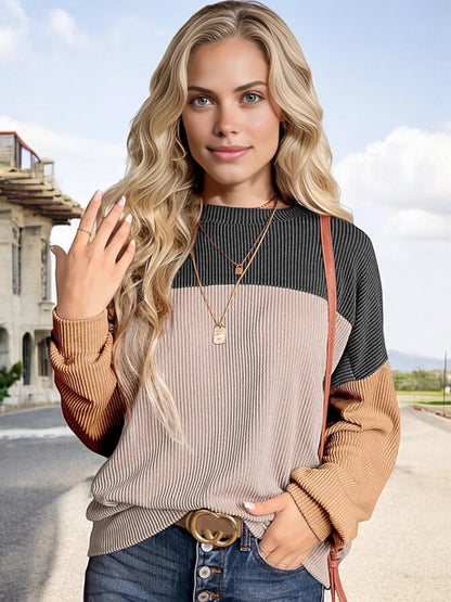 Anna-Kaci Women's Color Block Ribbed Knit Sweater with Long Sleeves and Crew Neckline