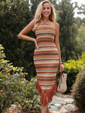 Vestido ajustado con escote halter y borlas de crochet
