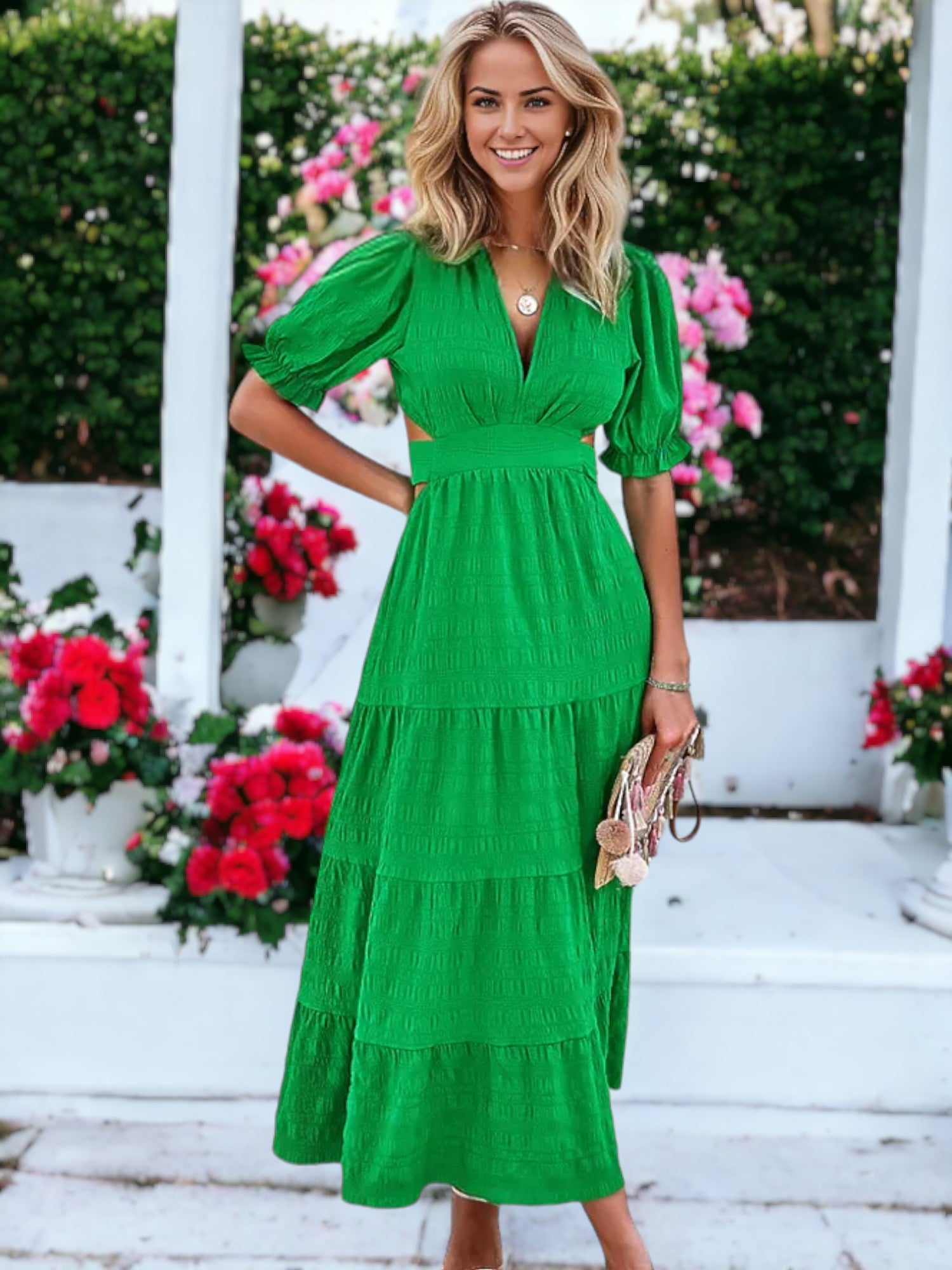 Solid Color V-Neck Textured Puffed Sleeve Maxi Dress