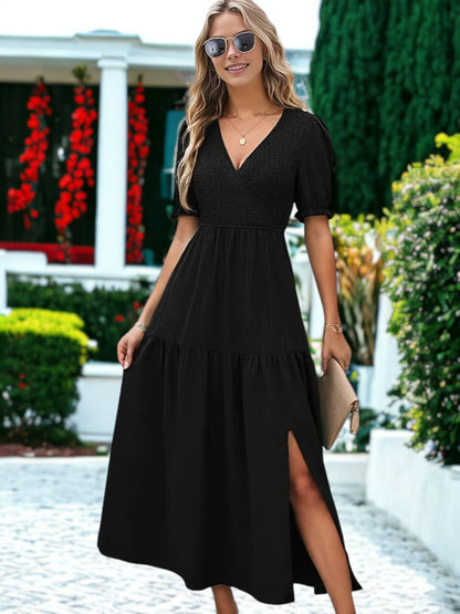 V-Neck Puff Sleeved Ruffle Slit Dress