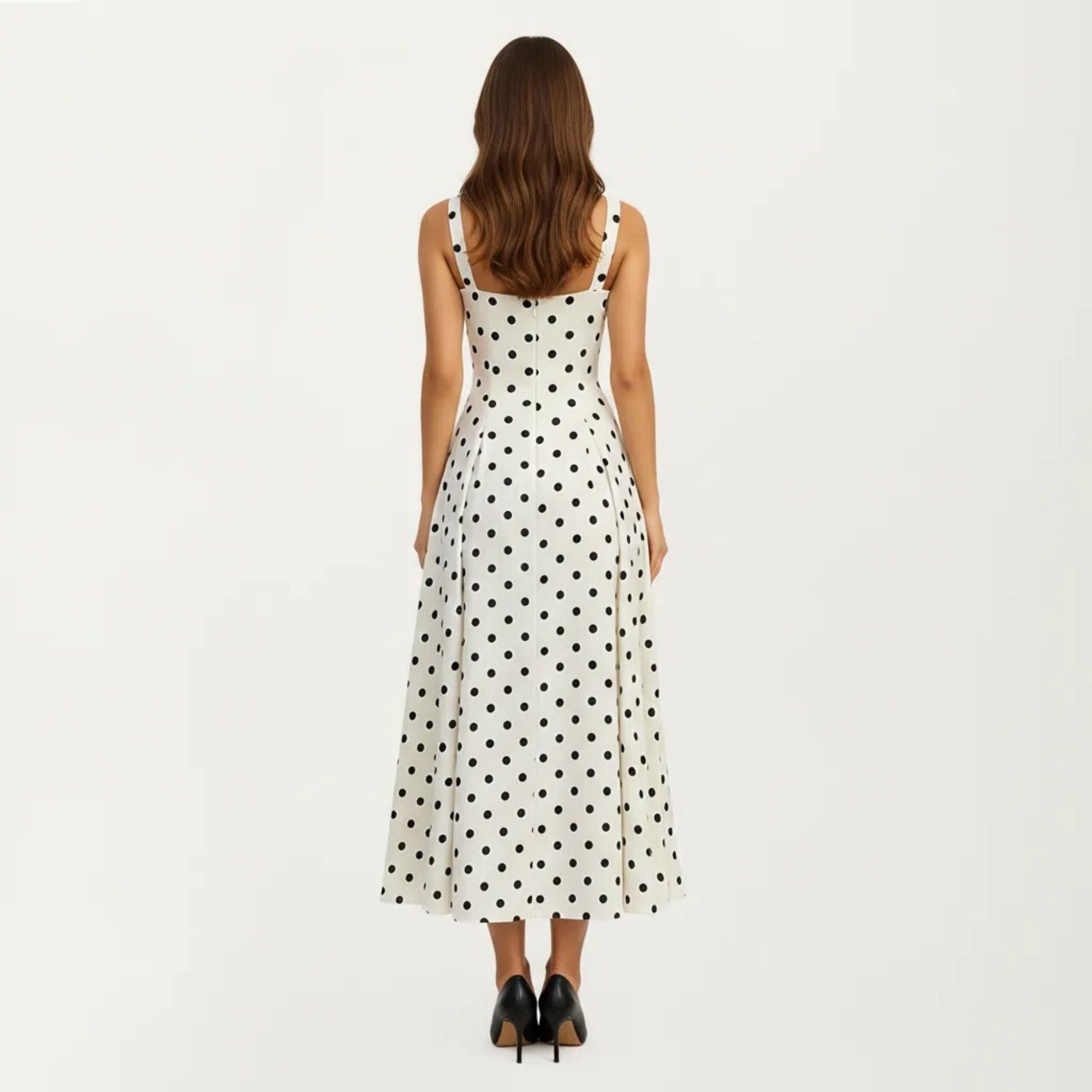 Anna-Kaci Women's Polka Dot Midi Dress with Square Neckline Wide Straps Fitted Bodice Pleated A Line Skirt Silhouette