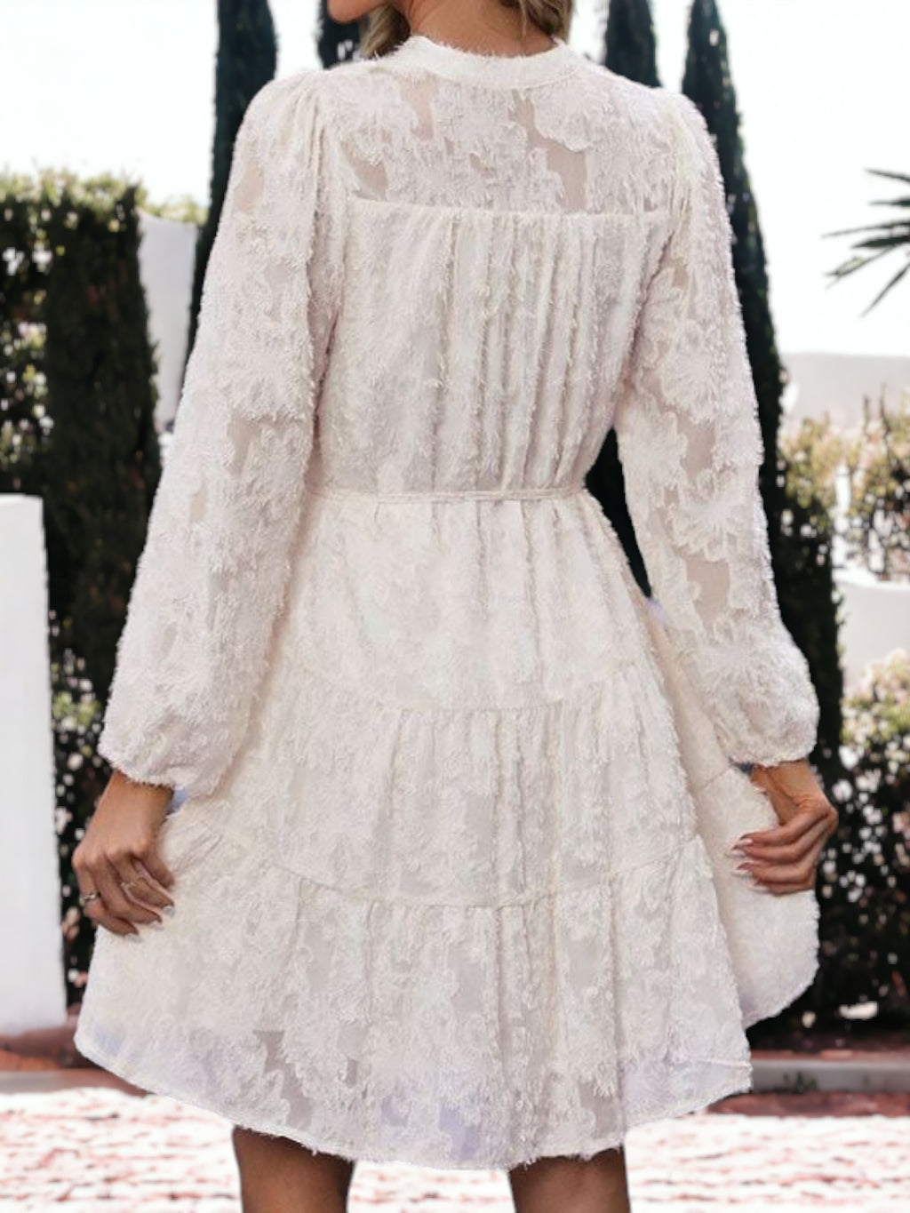 Texture Lace Detailed Long Sleeved Tie Waist Ruffle Mini Dress