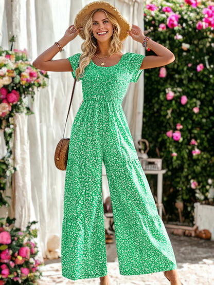 Leopard Printed Round Neck Cap Sleeve Gathered Jumpsuit