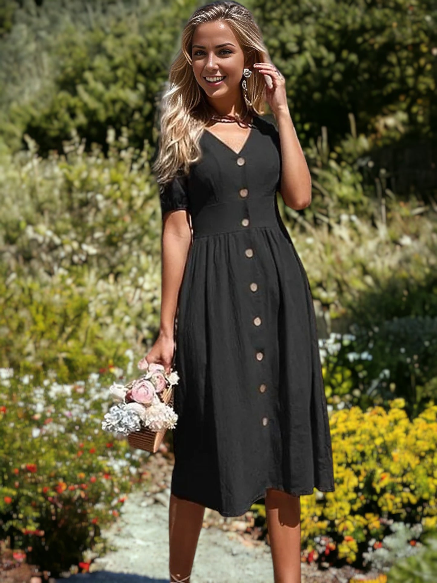 Vestido informal de manga corta con lazo, largo midi, abotonado y corte A