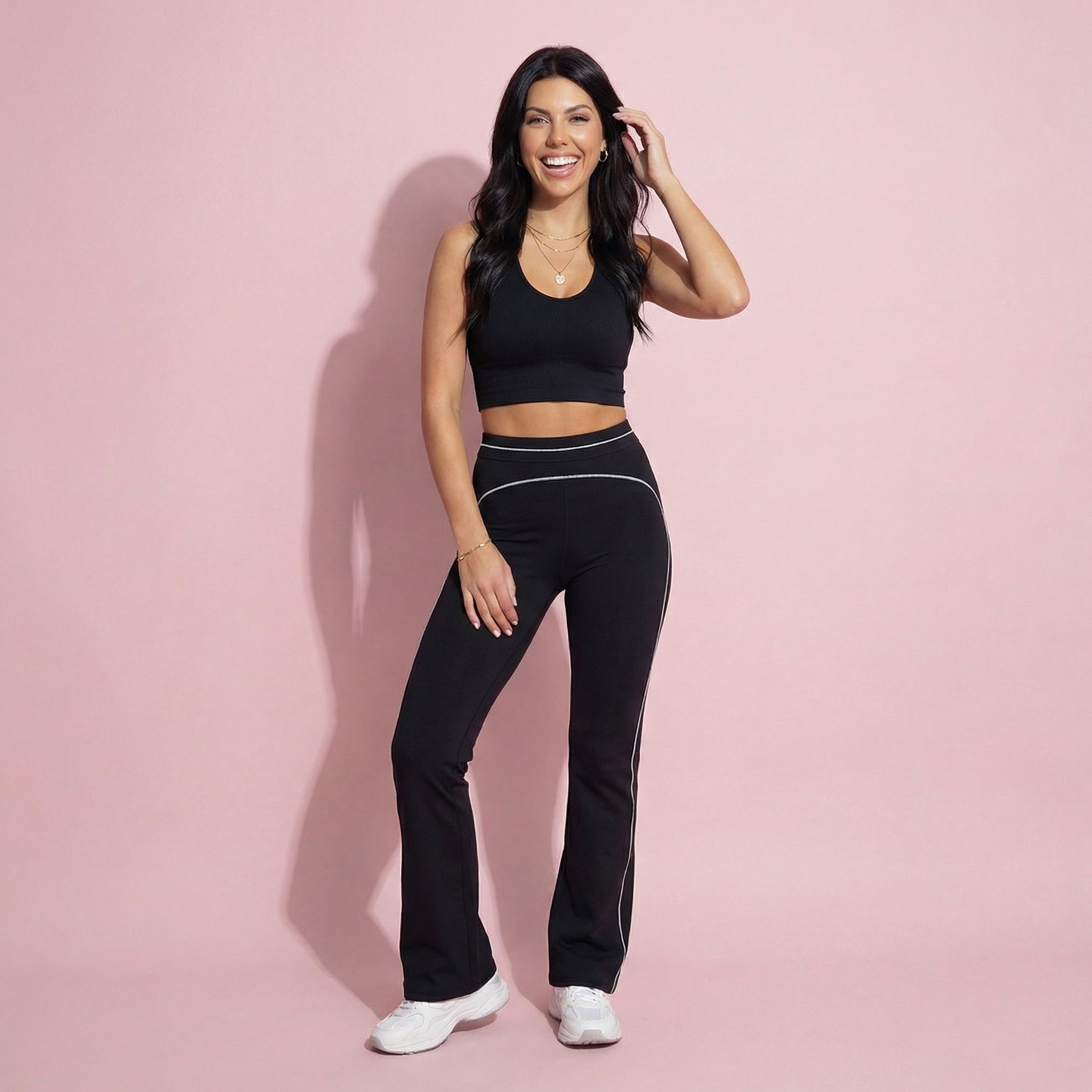 Anna-Kaci Active Women's High Waist Flare Leg Active Pants with Sculpting Fit and Contrast Seam Detailing