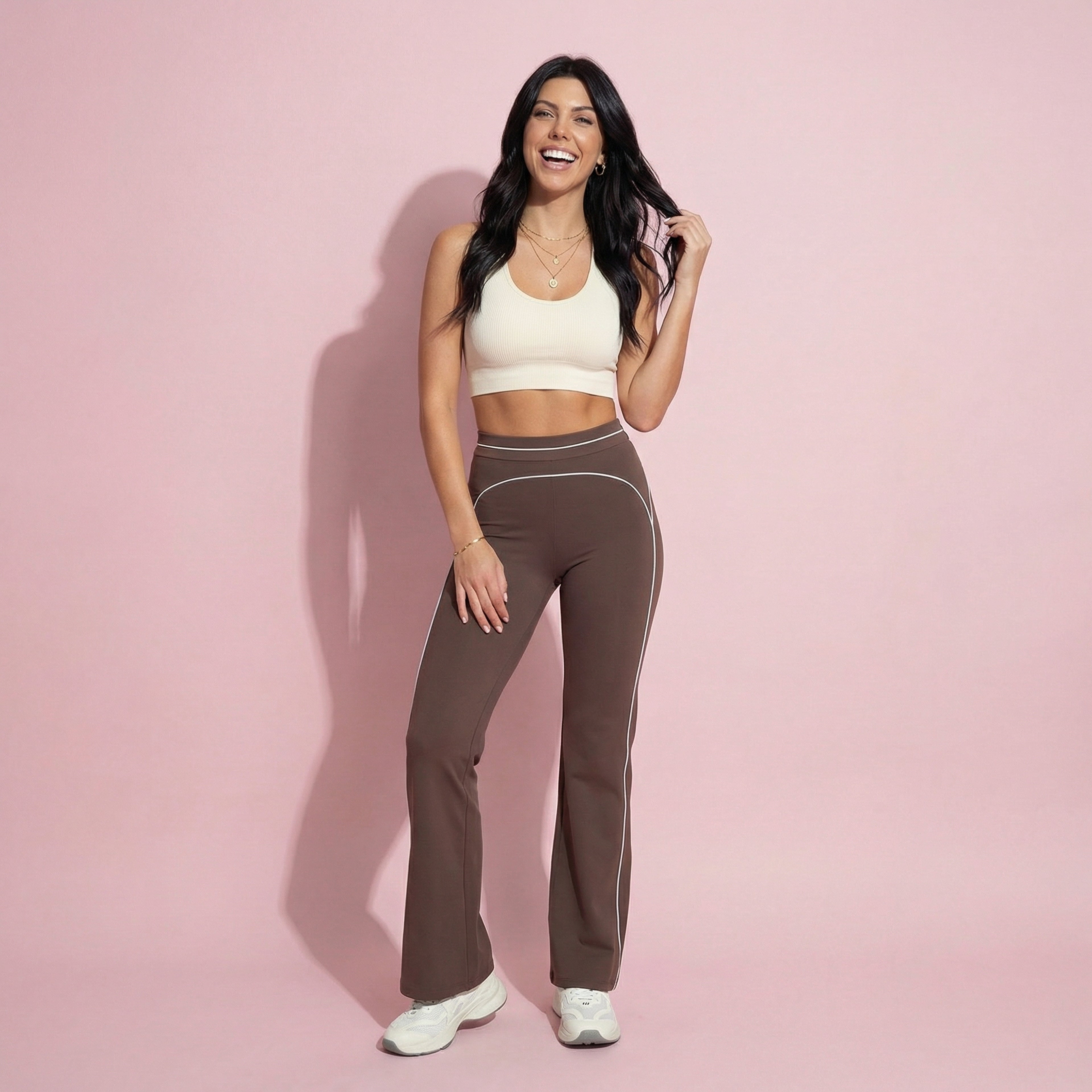 Anna-Kaci Active Women's High Waist Flare Leg Active Pants with Sculpting Fit and Contrast Seam Detailing