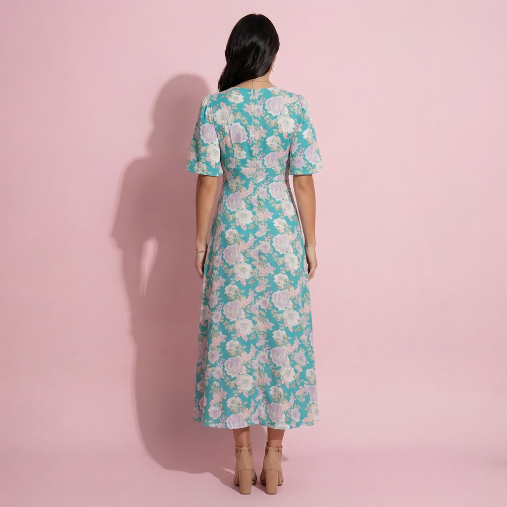 Anna-Kaci Women's Floral Print V-Neck Maxi Dress with Flutter Sleeves and Defined Waist Detail