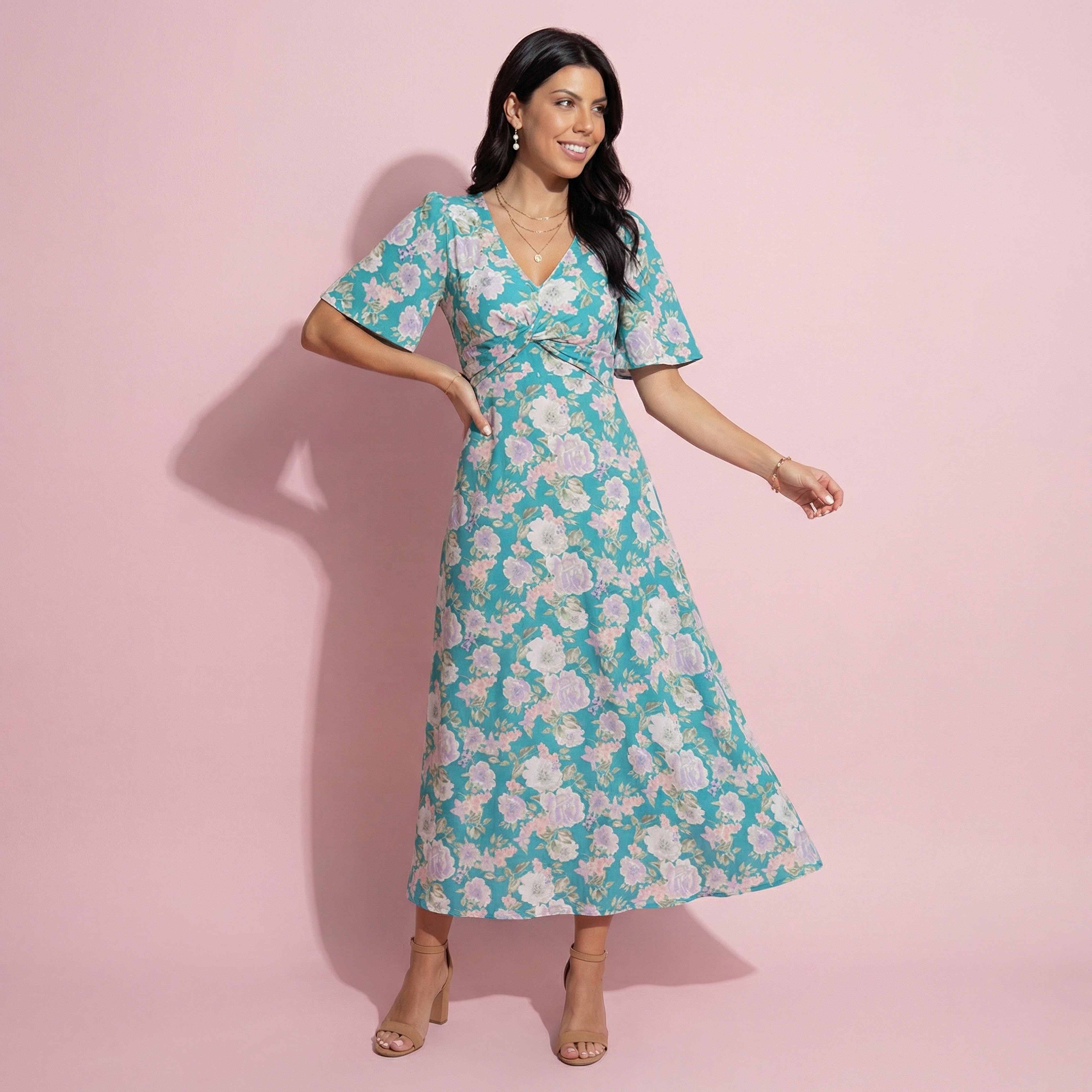 Anna-Kaci Women's Floral Print V-Neck Maxi Dress with Flutter Sleeves and Defined Waist Detail