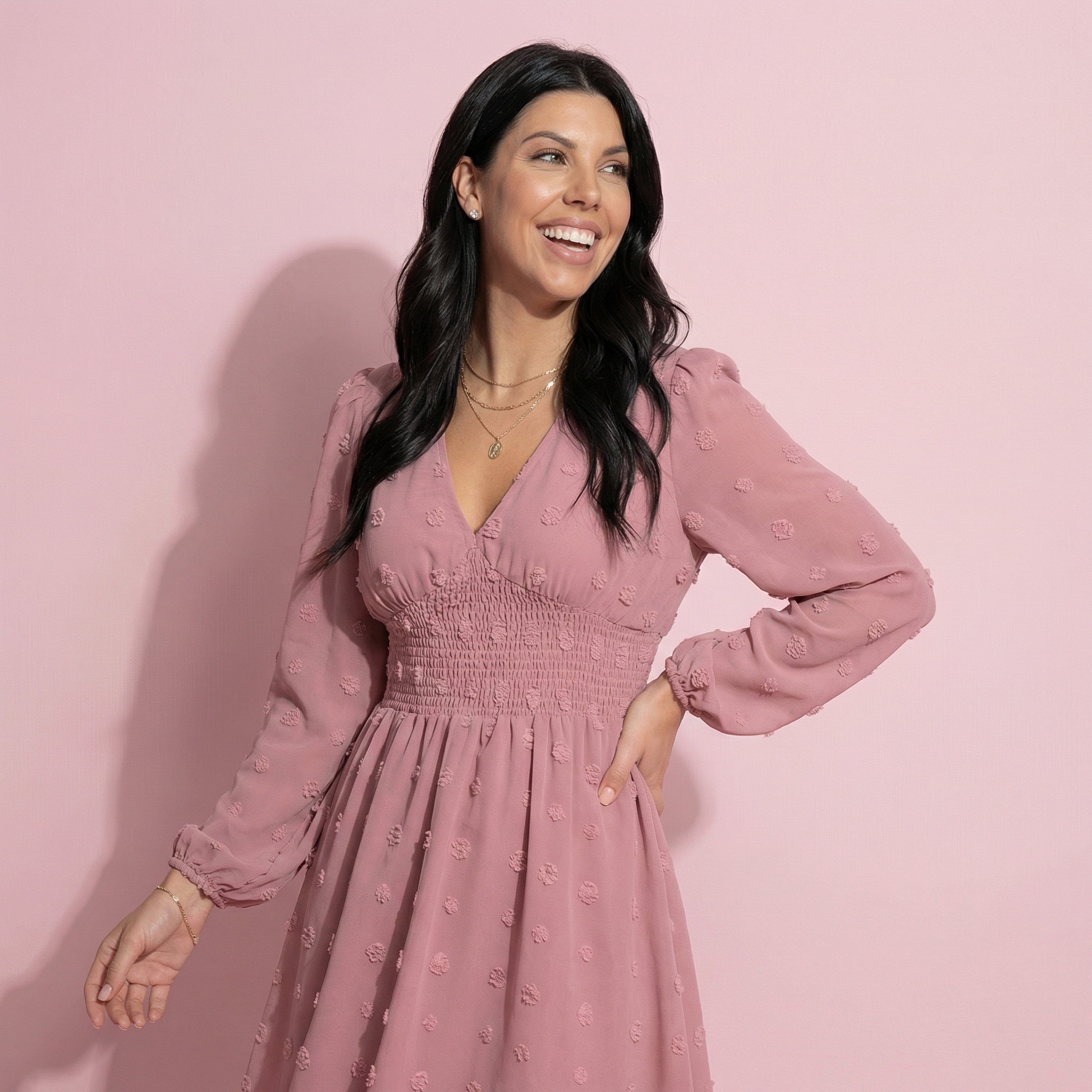 Clip Dot Shirred Waist Dress