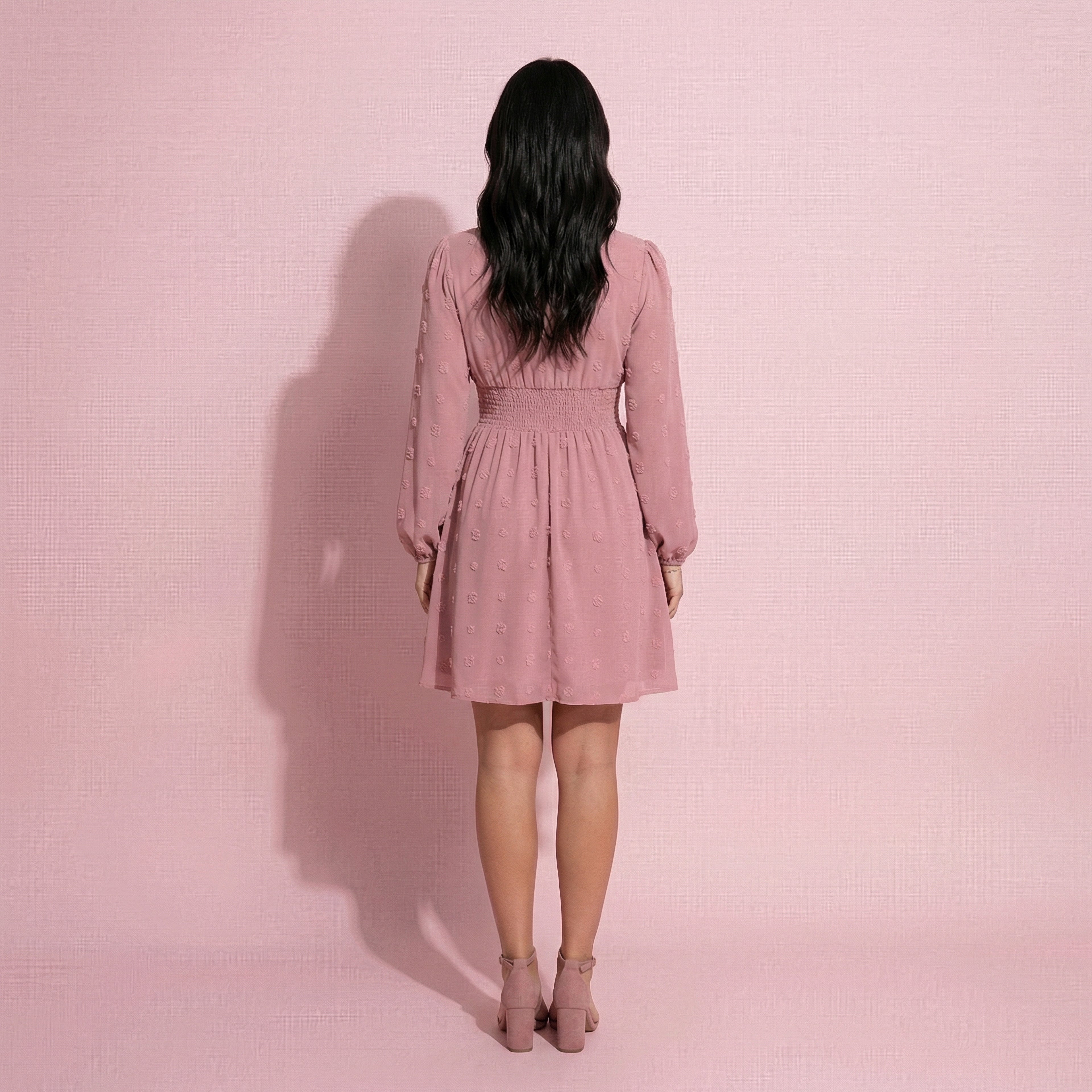 Clip Dot Shirred Waist Dress