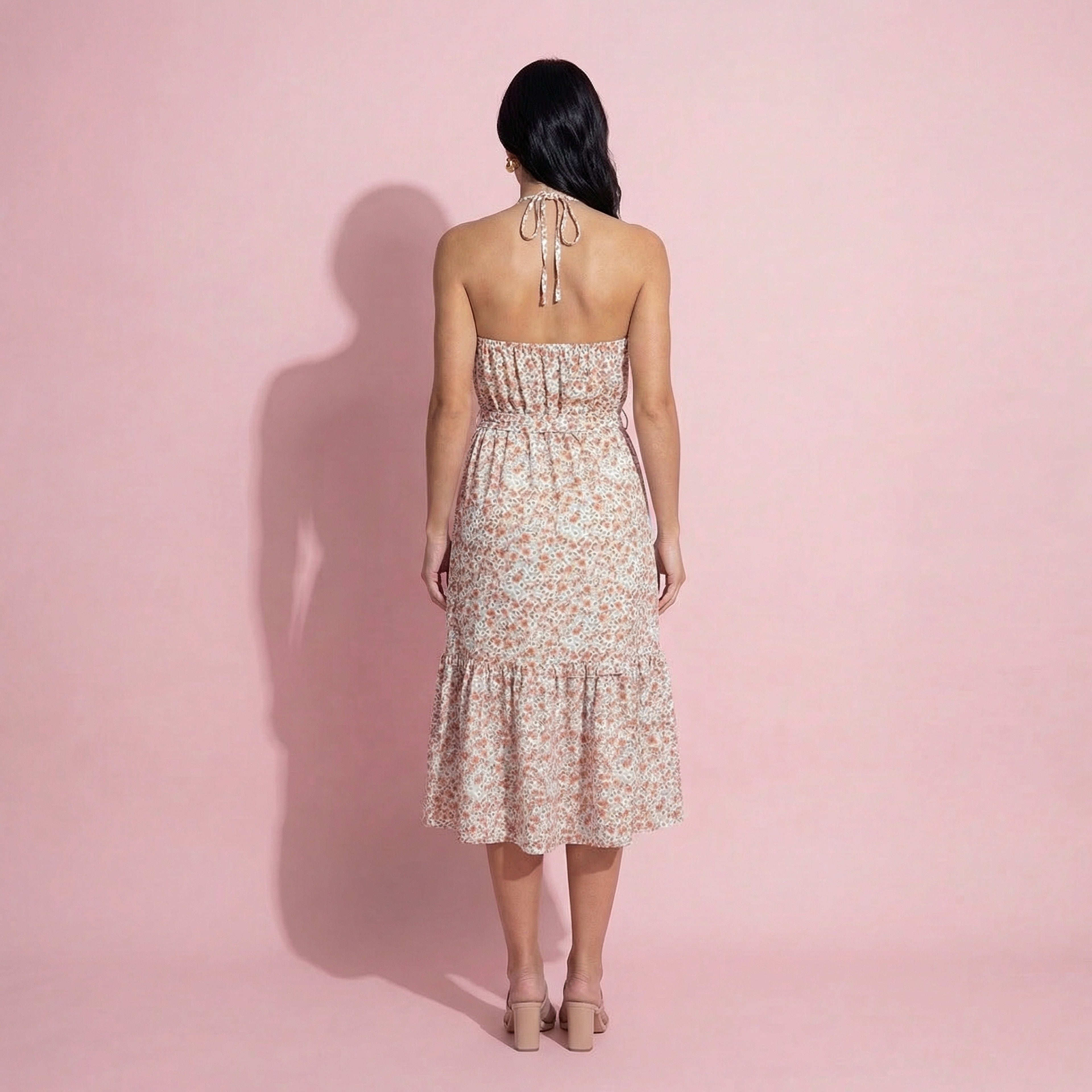 V-Halter Smocked Waist Floral Dress