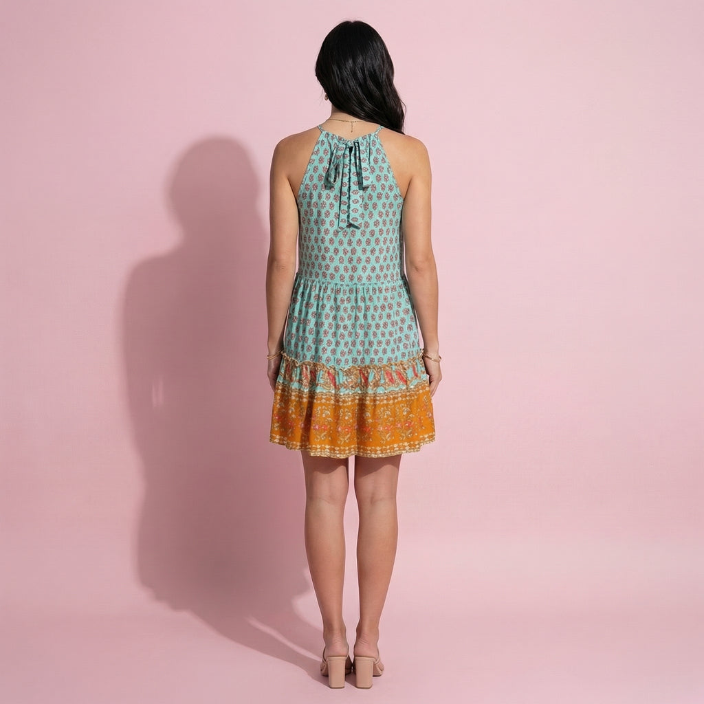 Vestido estilo túnica bohemio con estampado de cachemira y cuello halter 