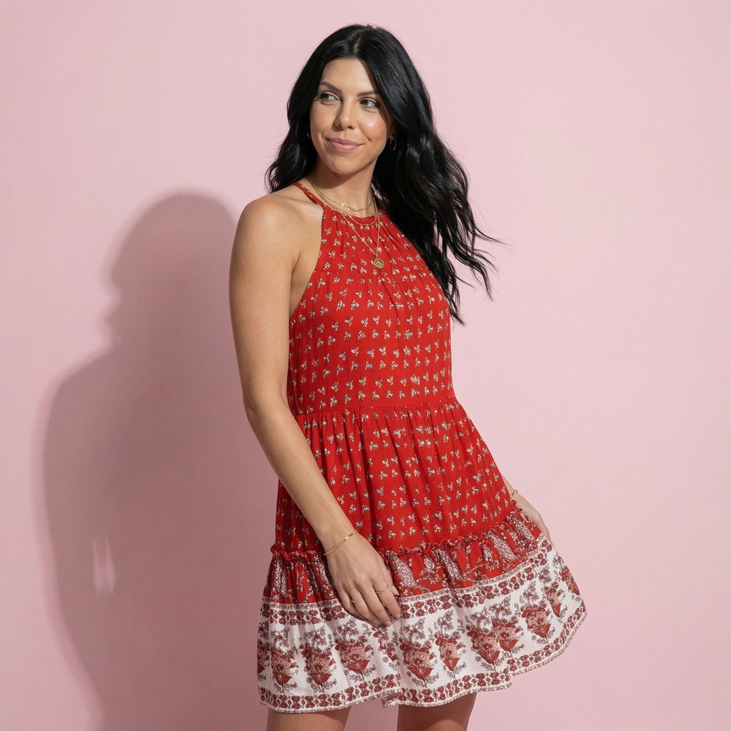Vestido estilo túnica bohemio con estampado de cachemira y cuello halter 