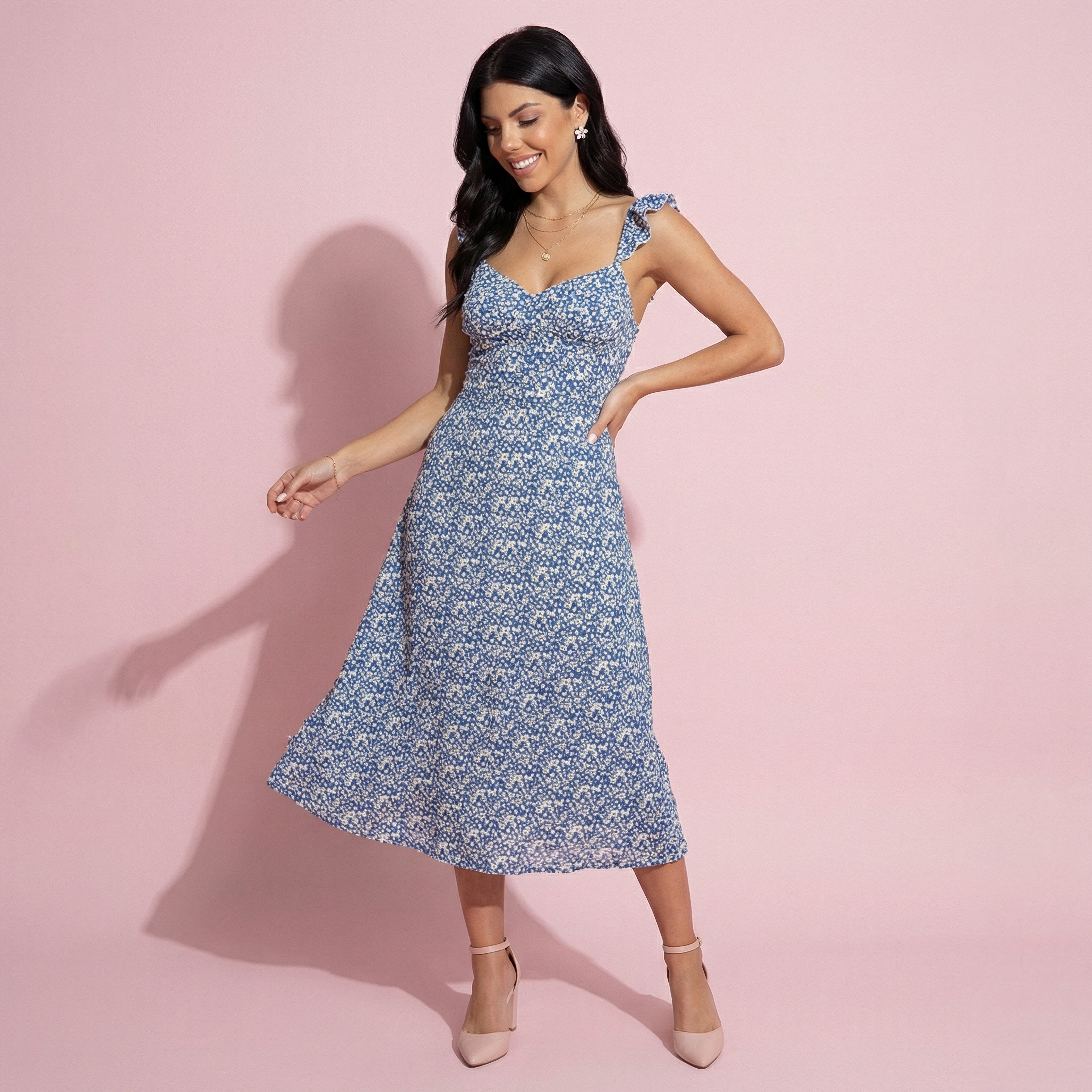 Ruffle Strap V Neck Floral Dress - Large 8-10 / Blue Ruffle Strap V Neck Floral Dress - Large 8-10 / Blue