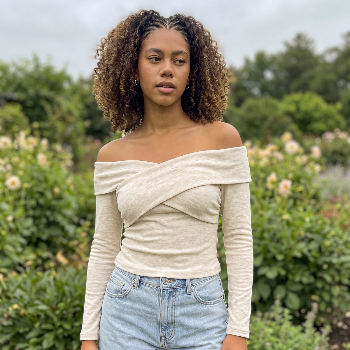 Off Shoulder Criss Cross Long Sleeve Knit Top