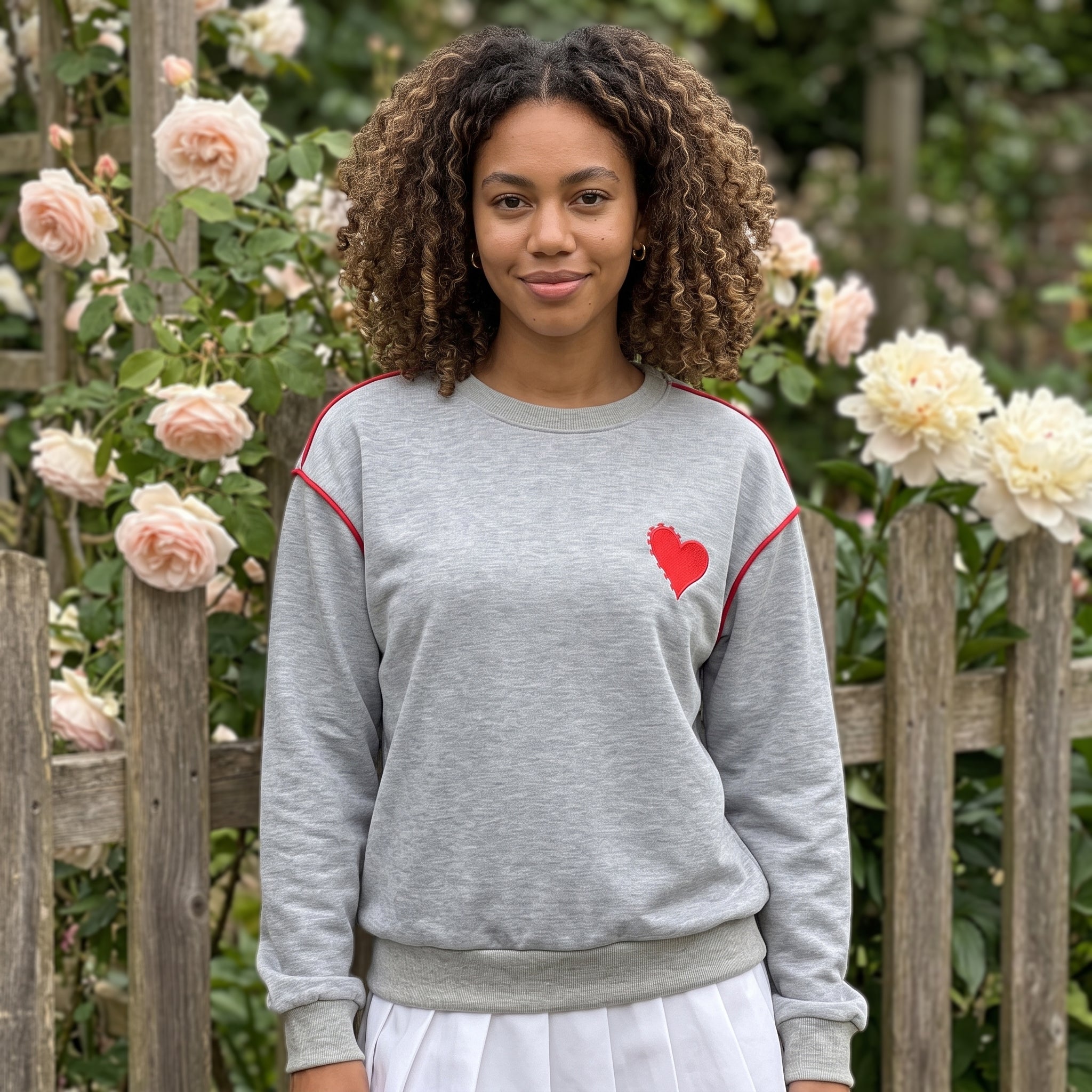 Heart Patch Crew Neck Contrast Trim Relaxed Sweatshirt