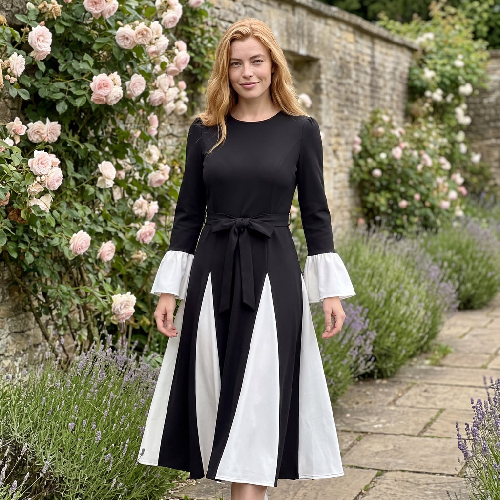 Color Block Belted Long Sleeve Fit and Flare Midi Dress