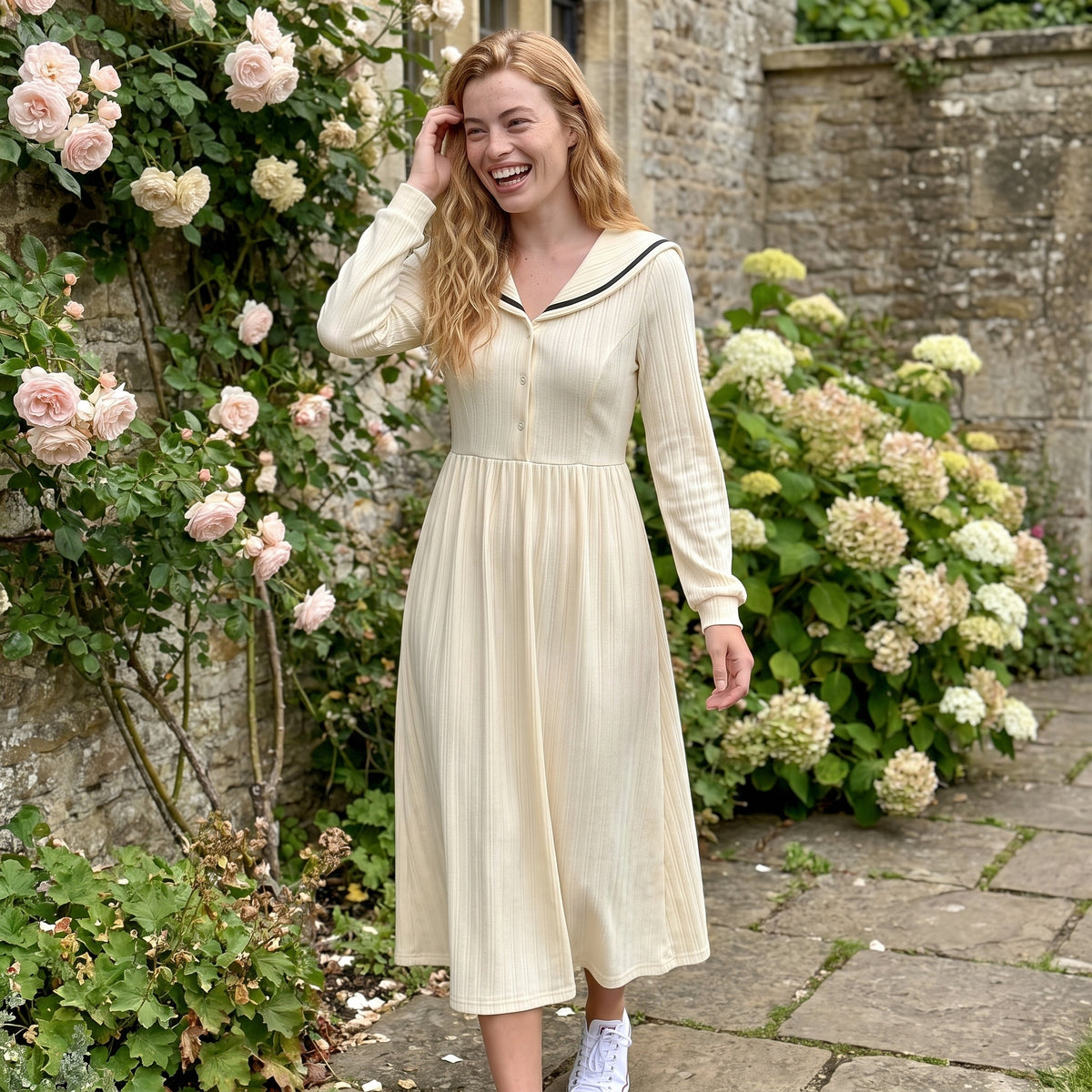 Cream Sailor Collar Long Sleeve Button Front Fit and Flare Midi Dress