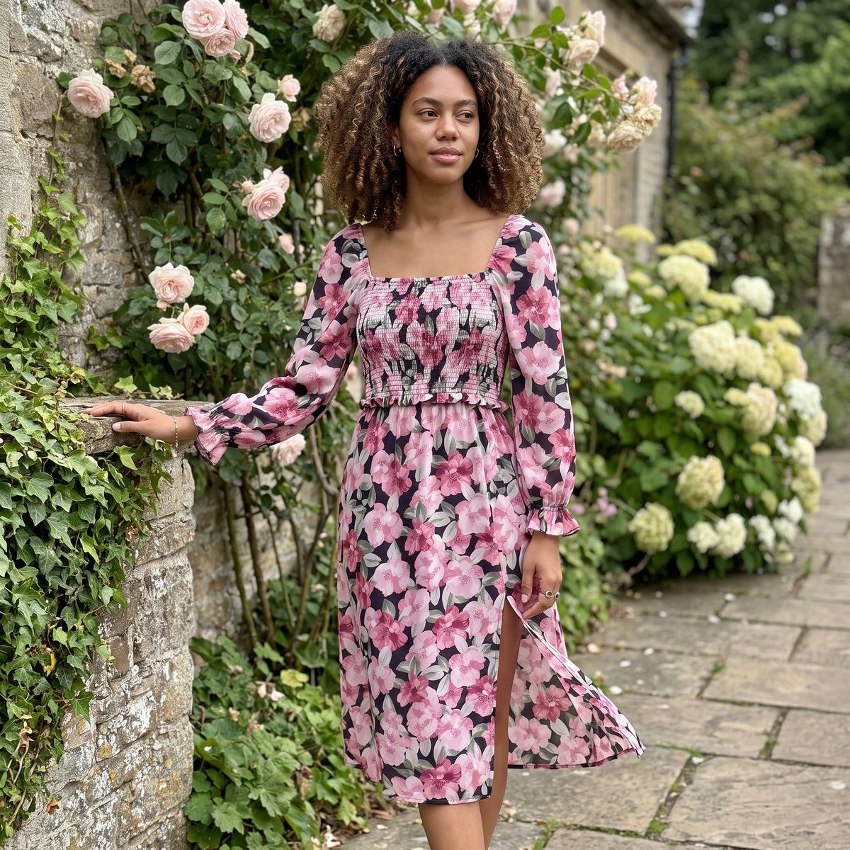 Floral Smocked Square Neck Long Sleeve Midi Dress
