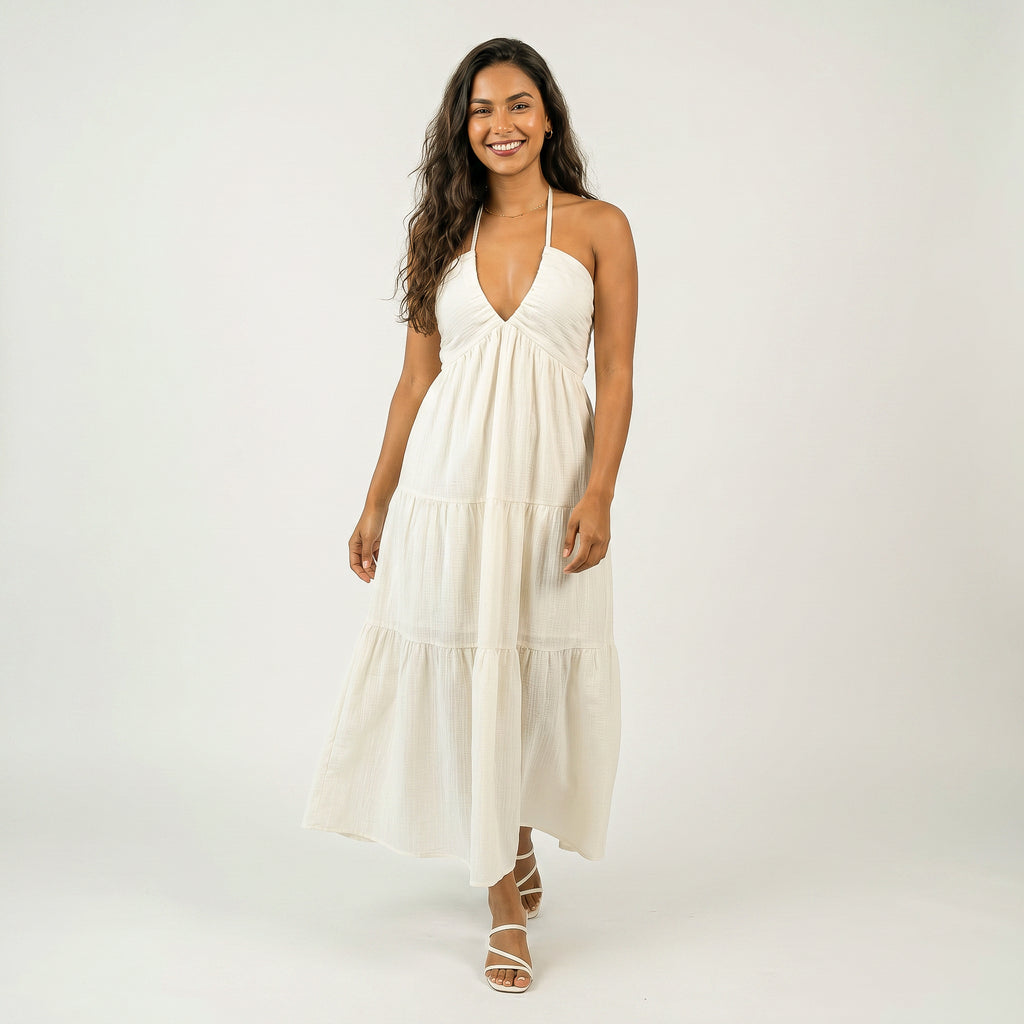 Anna-Kaci Women's Halter Neck Tiered Maxi Dress with Twist Front Bodice Flowing A Line Silhouette
