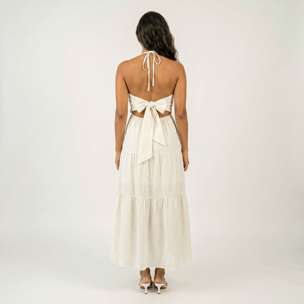 Anna-Kaci Women's Halter Neck Tiered Maxi Dress with Twist Front Bodice Flowing A Line Silhouette