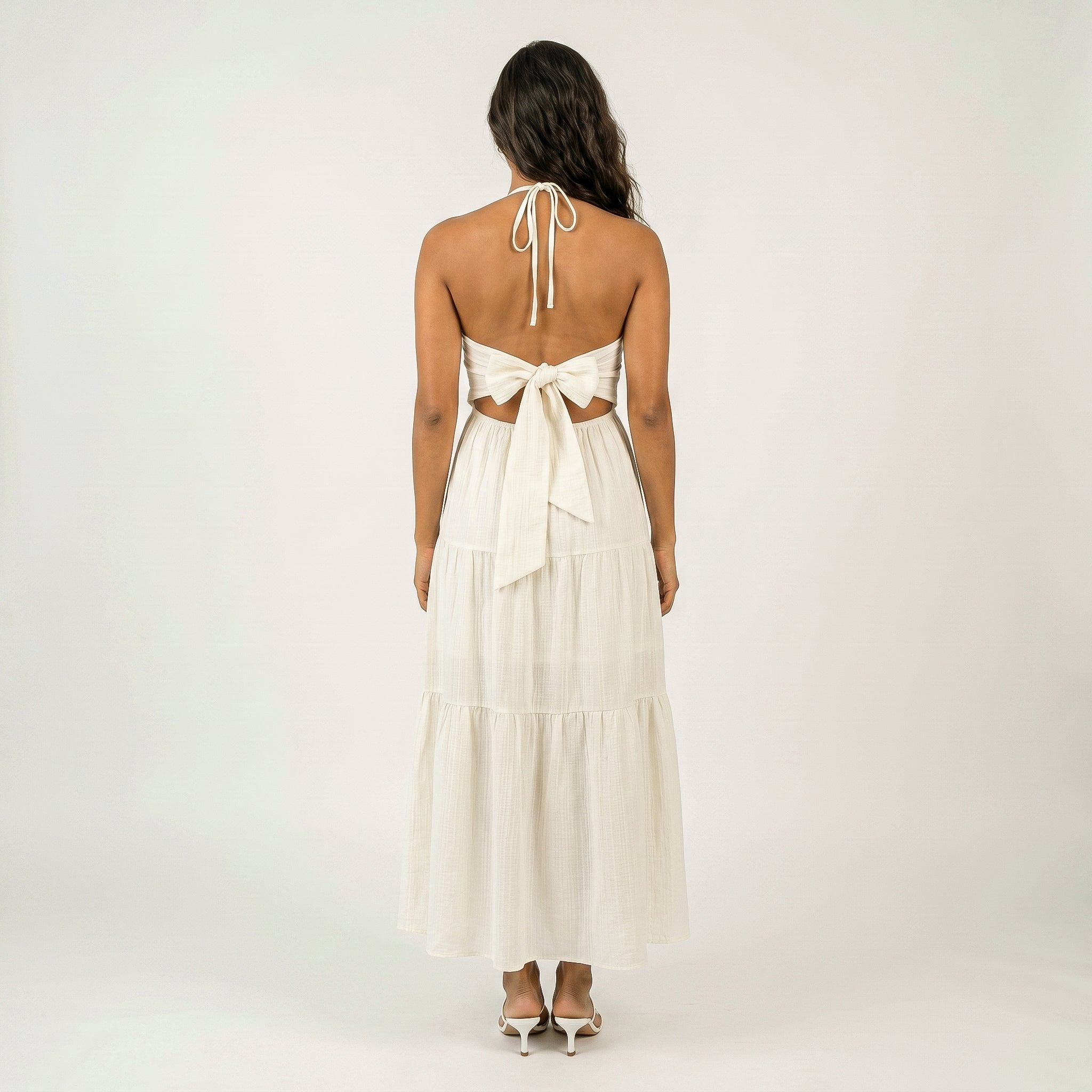 Anna-Kaci Women's Halter Neck Tiered Maxi Dress with Twist Front Bodice Flowing A Line Silhouette