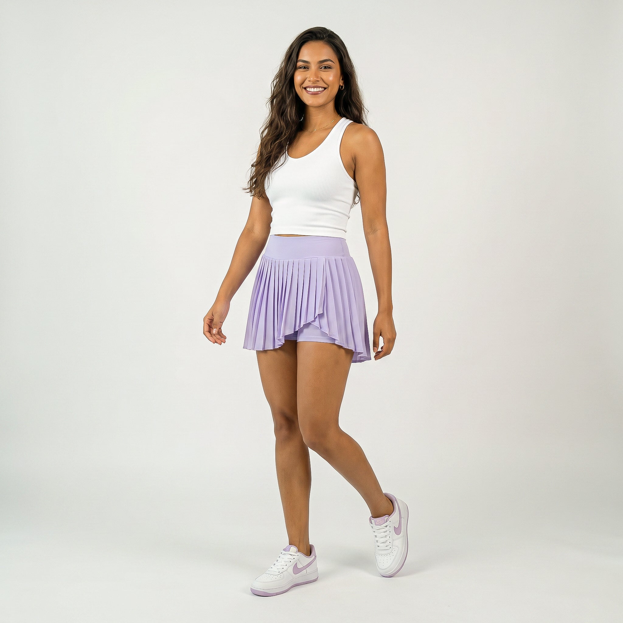 Falda pantalón deportiva plisada de cintura alta para mujer con pantalones cortos incorporados