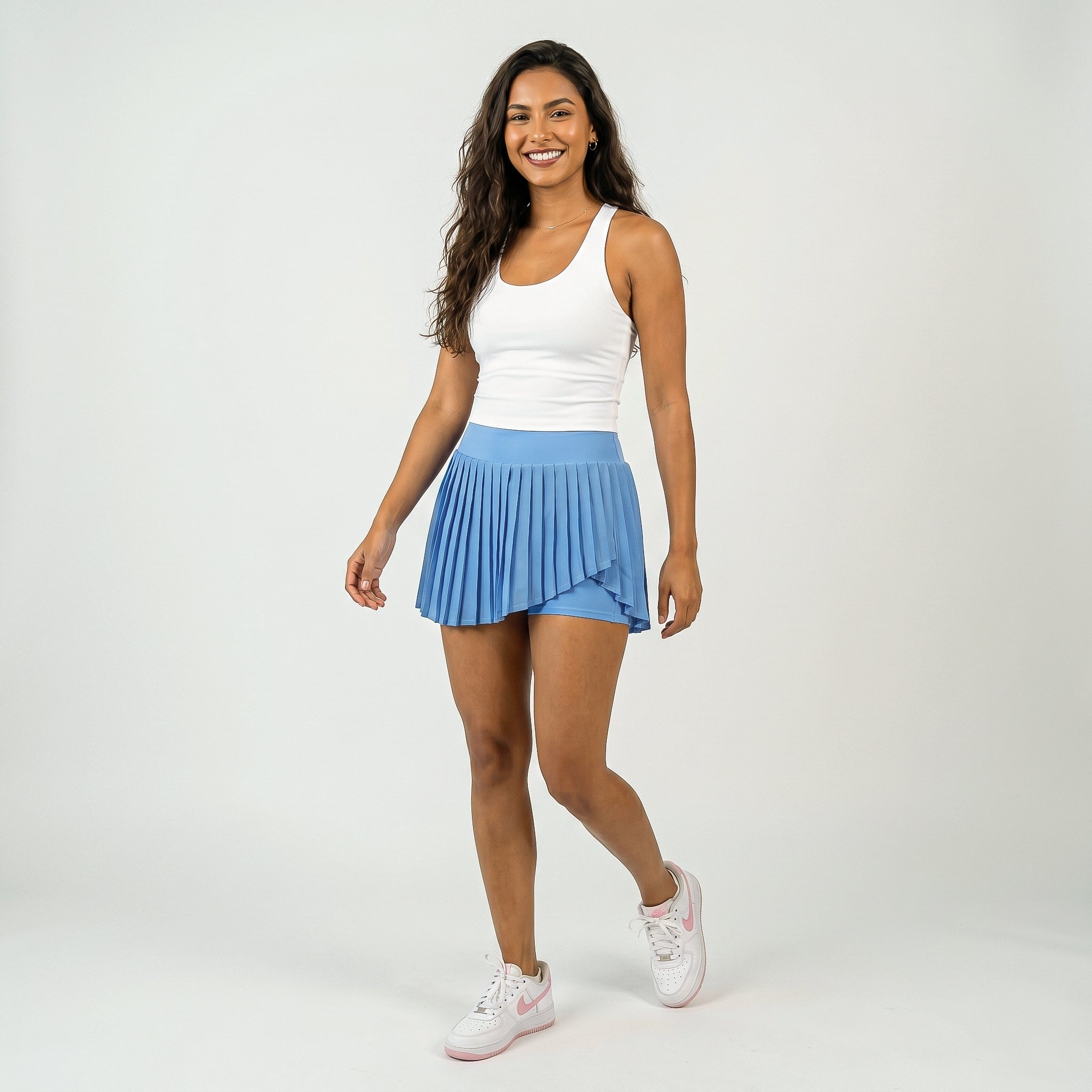 Falda pantalón deportiva plisada de cintura alta para mujer con pantalones cortos incorporados