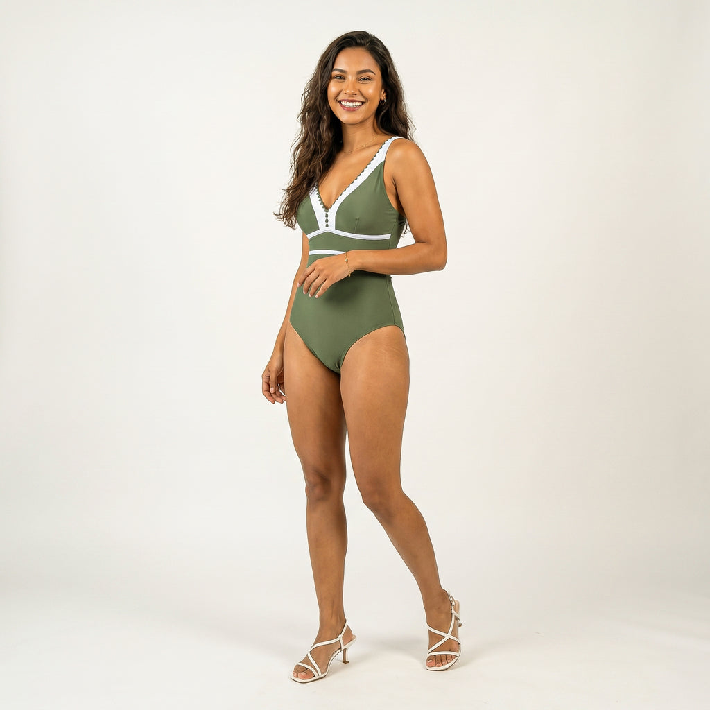 Anna-Kaci Swim Women's One Piece Swimsuit with Deep V Neck Contrast Trim and Sculpted Waist Design