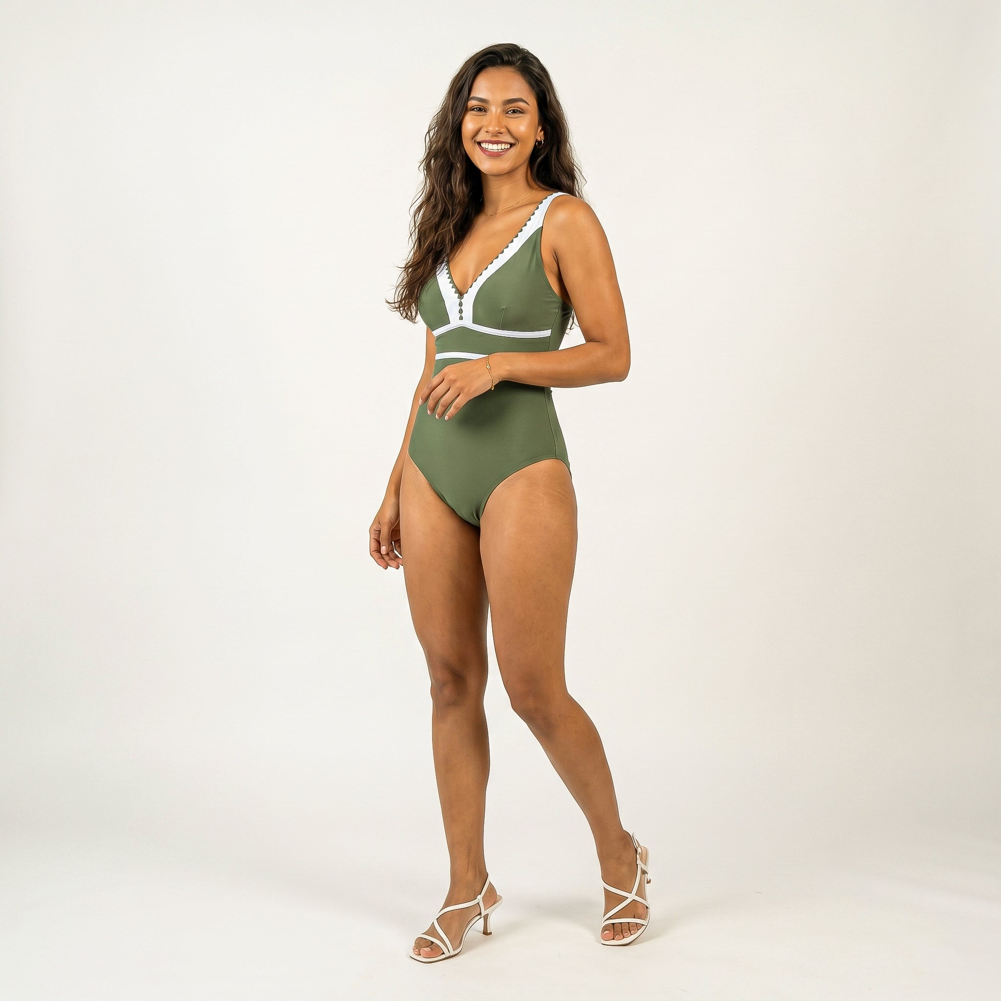Anna-Kaci Swim Women's One Piece Swimsuit with Deep V Neck Contrast Trim and Sculpted Waist Design