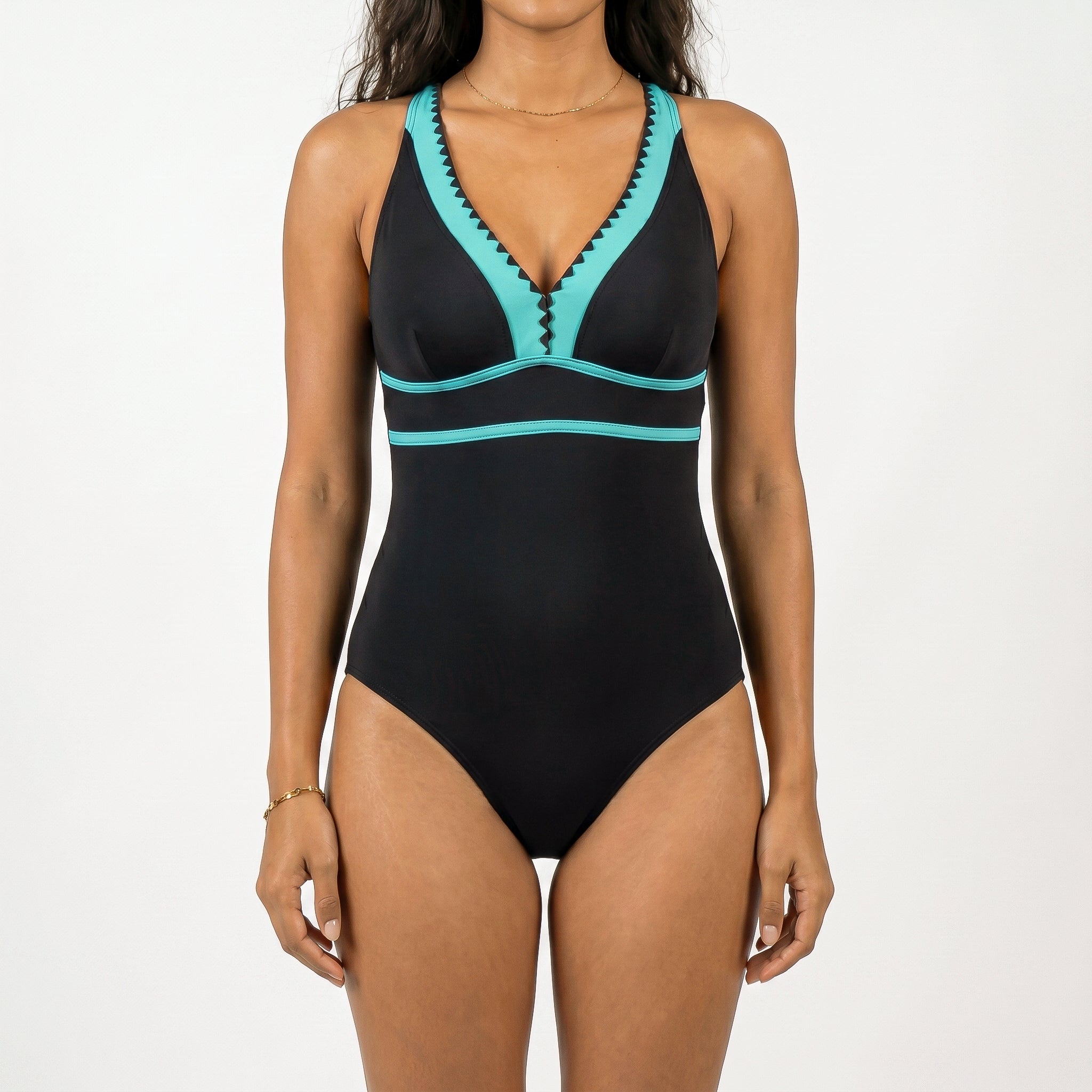 Anna-Kaci Swim Women's One Piece Swimsuit with Deep V Neck Contrast Trim and Sculpted Waist Design