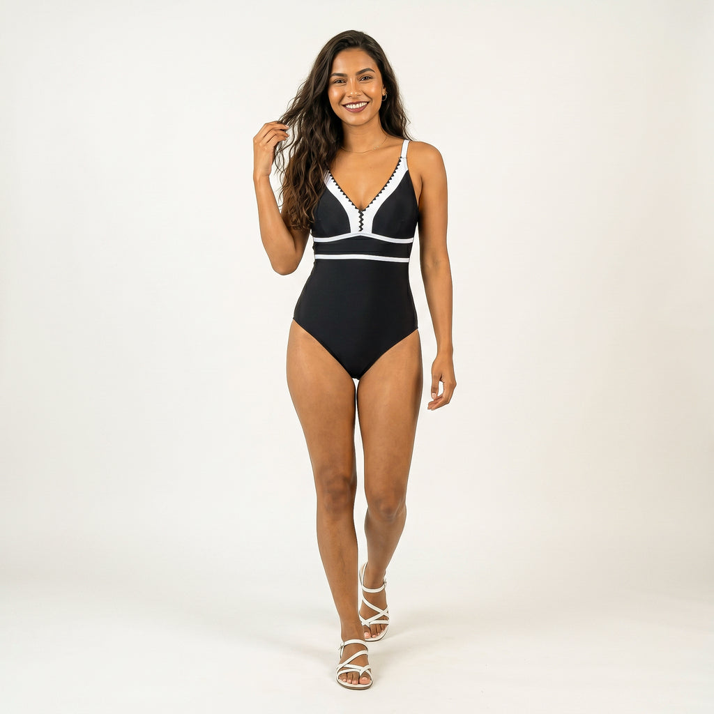 Anna-Kaci Swim Women's One Piece Swimsuit with Deep V Neck Contrast Trim and Sculpted Waist Design