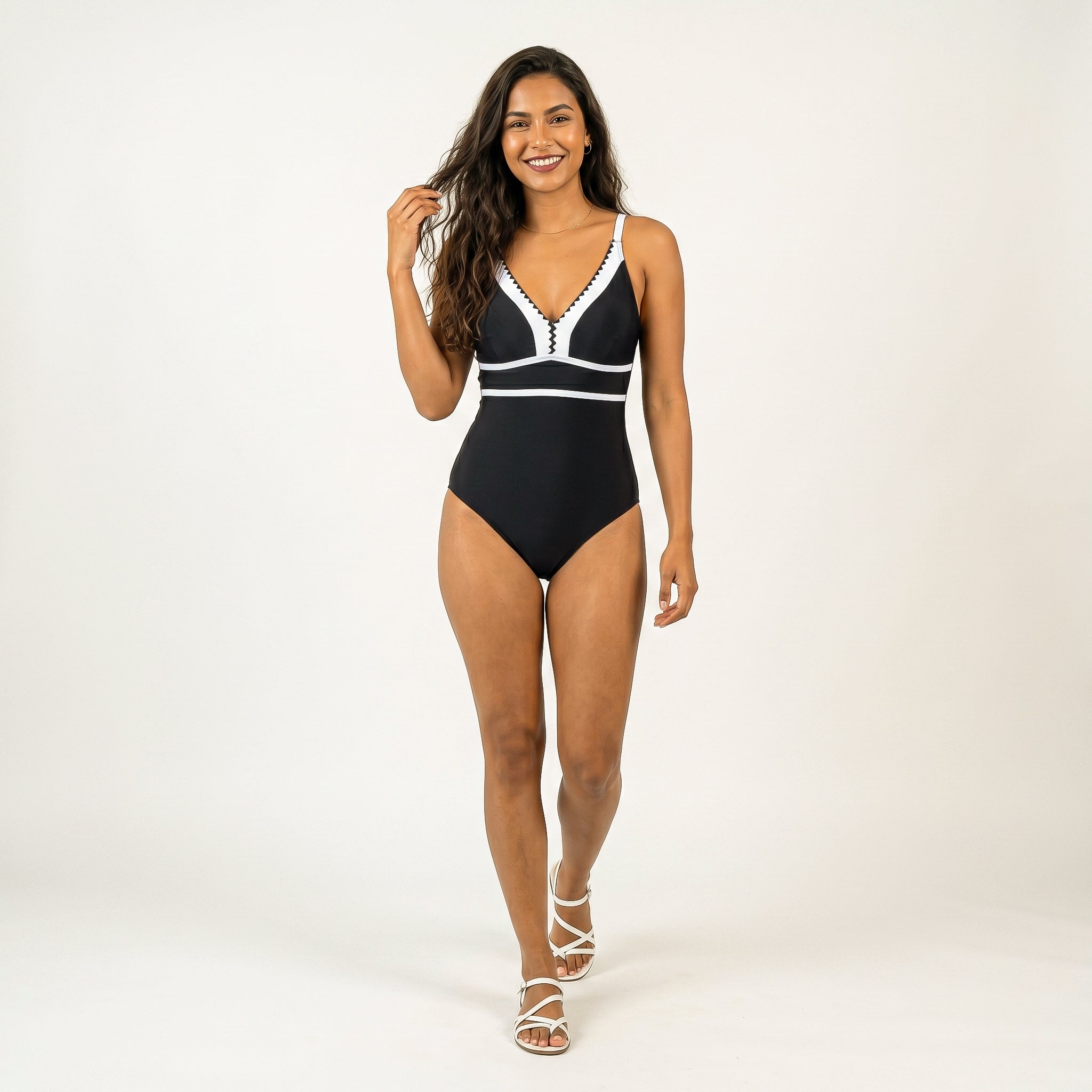 Anna-Kaci Swim Women's One Piece Swimsuit with Deep V Neck Contrast Trim and Sculpted Waist Design
