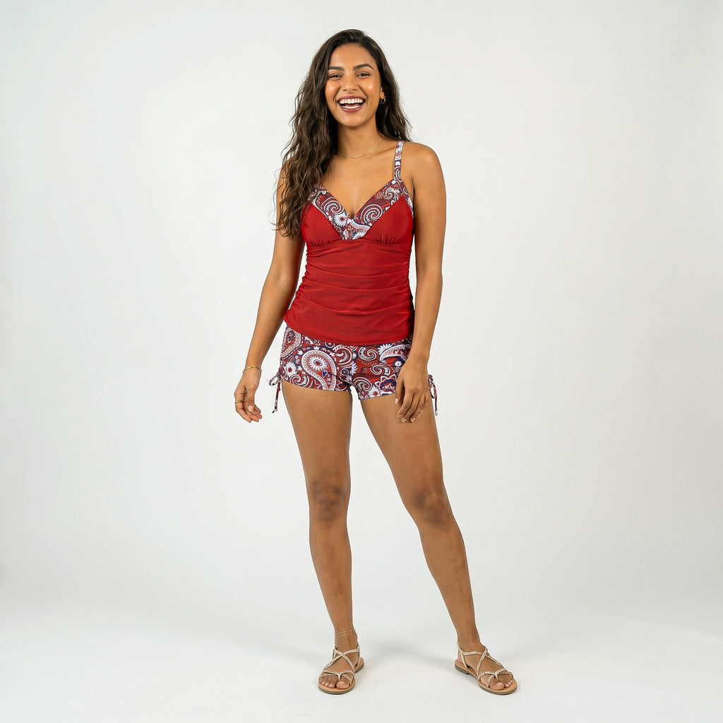 Anna-Kaci Women's 2-Piece Tankini Swimsuit Set with Paisley Print Boyshort Bottoms and V-Neck Top