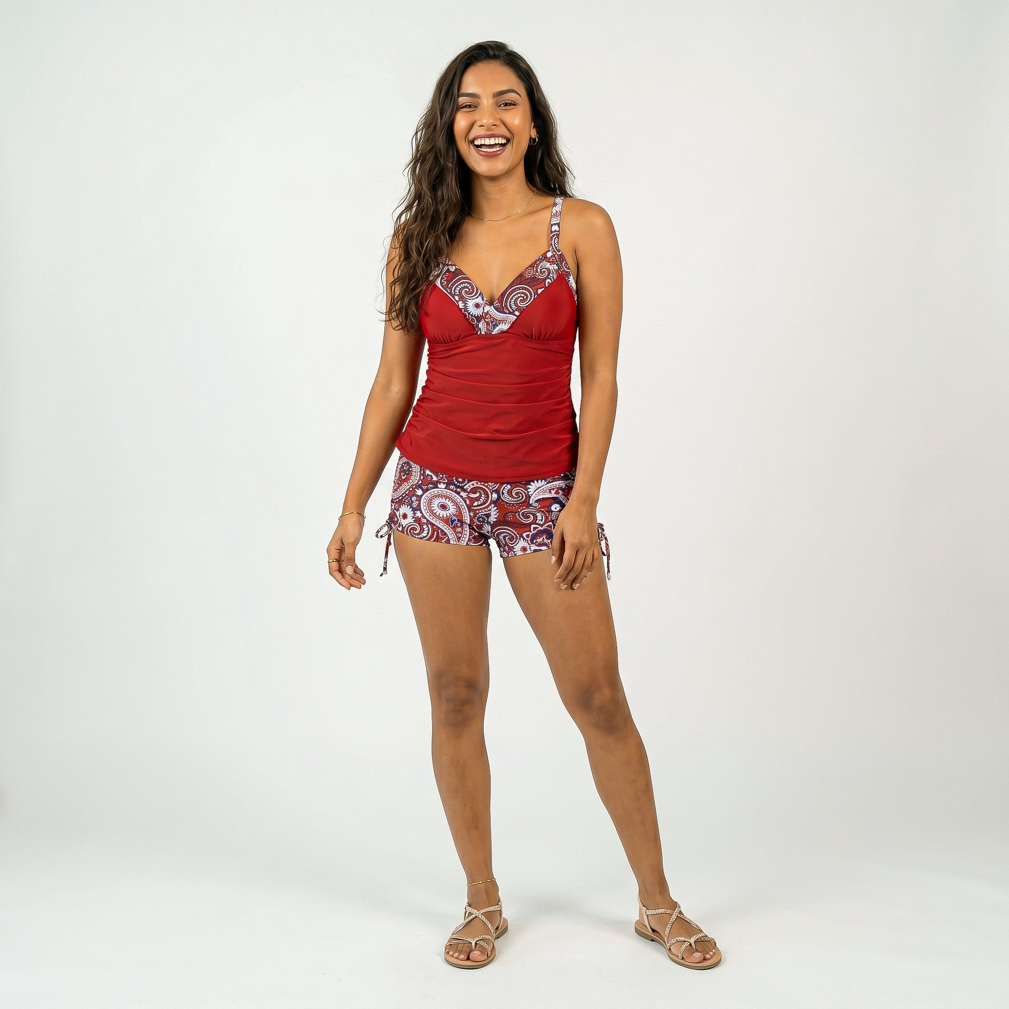 Anna-Kaci Women's 2-Piece Tankini Swimsuit Set with Paisley Print Boyshort Bottoms and V-Neck Top