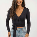 Anna-Kaci Women's Pilates Wrap Top - Long Sleeve V-Neck Cropped Gym Cover Up Balletcore Workout Shirt