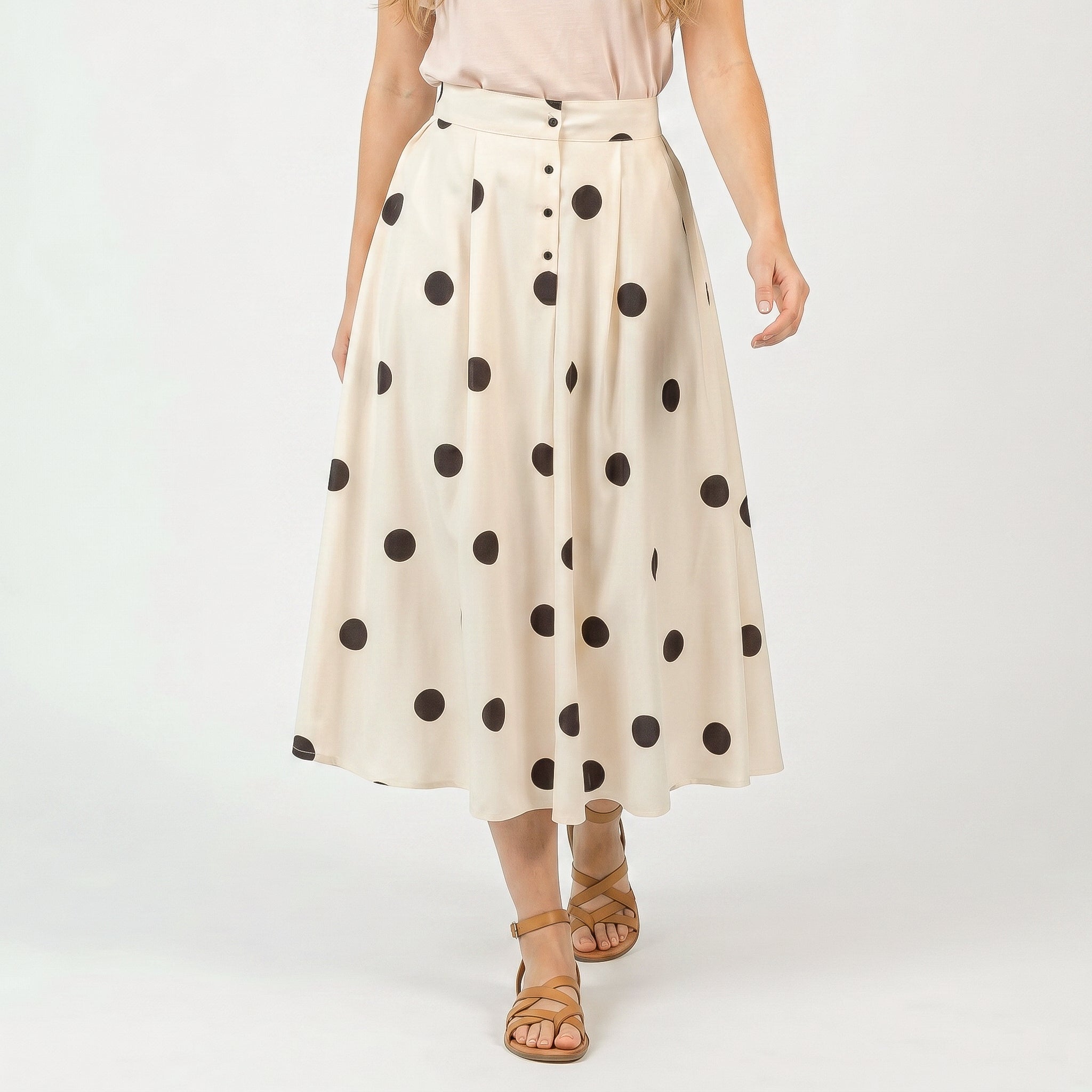 Anna-Kaci Polka Dot Midi Skirt with Button Front and Flowy A Line Silhouette