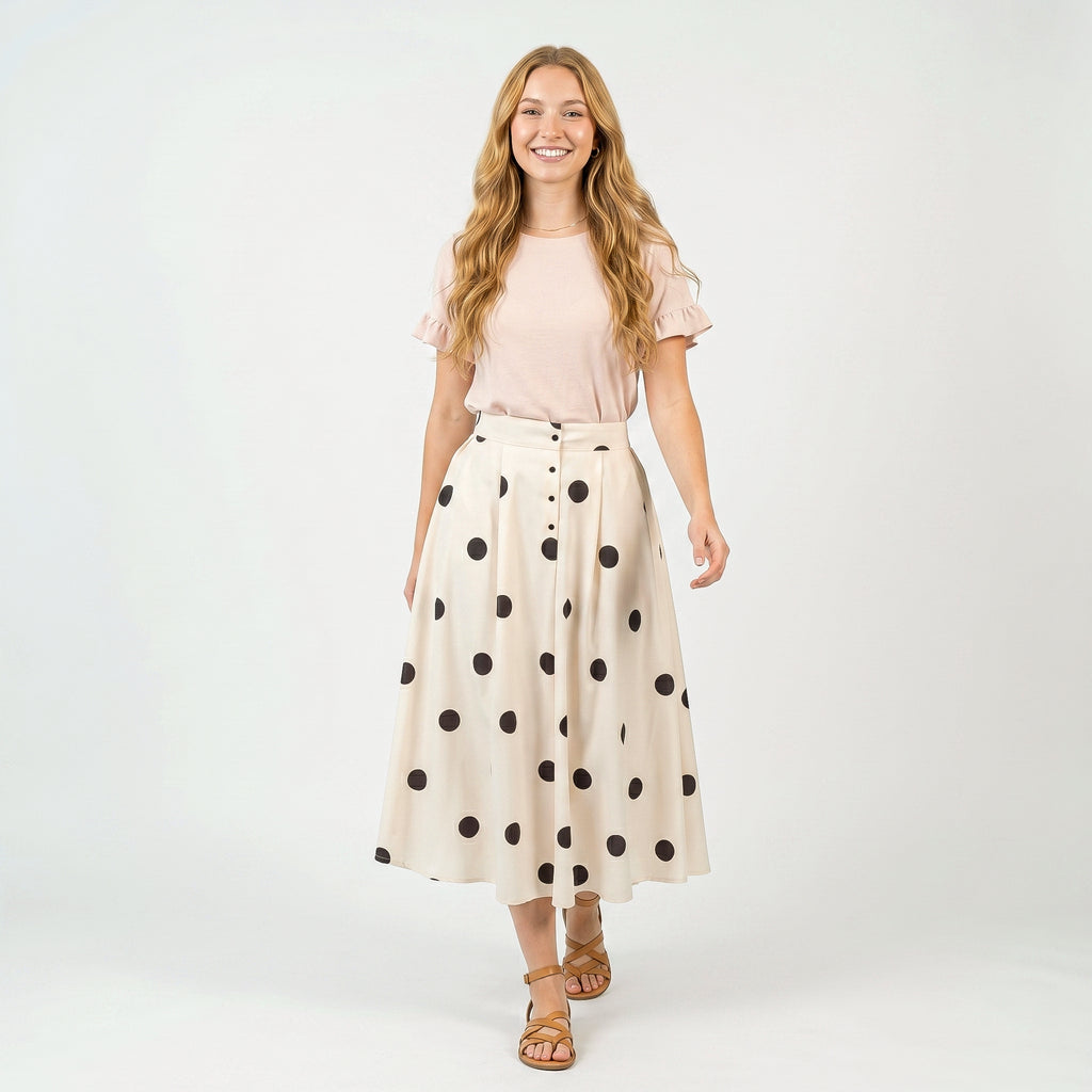 Anna-Kaci Polka Dot Midi Skirt with Button Front and Flowy A Line Silhouette