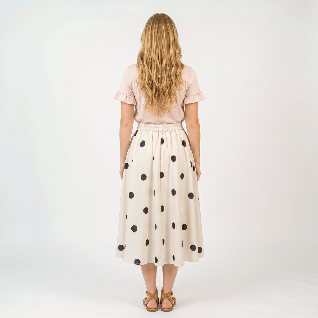 Anna-Kaci Polka Dot Midi Skirt with Button Front and Flowy A Line Silhouette