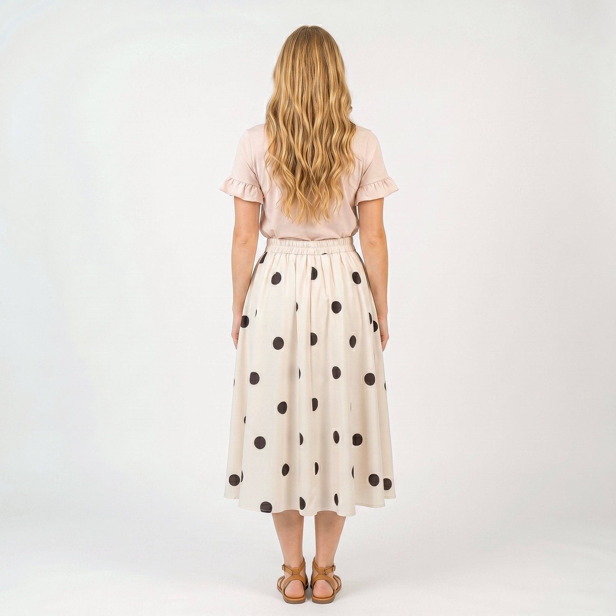 Anna-Kaci Polka Dot Midi Skirt with Button Front and Flowy A Line Silhouette