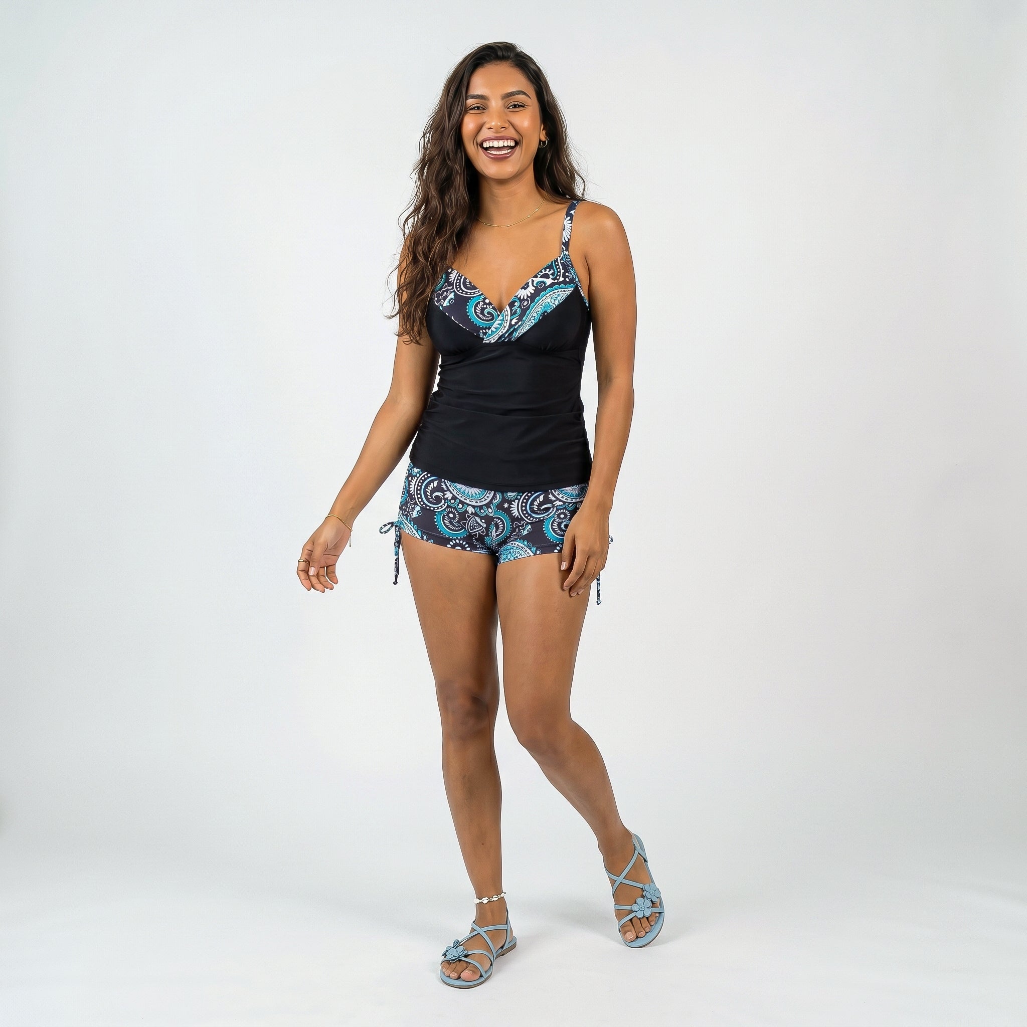 Anna-Kaci Women's 2-Piece Tankini Swimsuit Set with Paisley Print Boyshort Bottoms and V-Neck Top