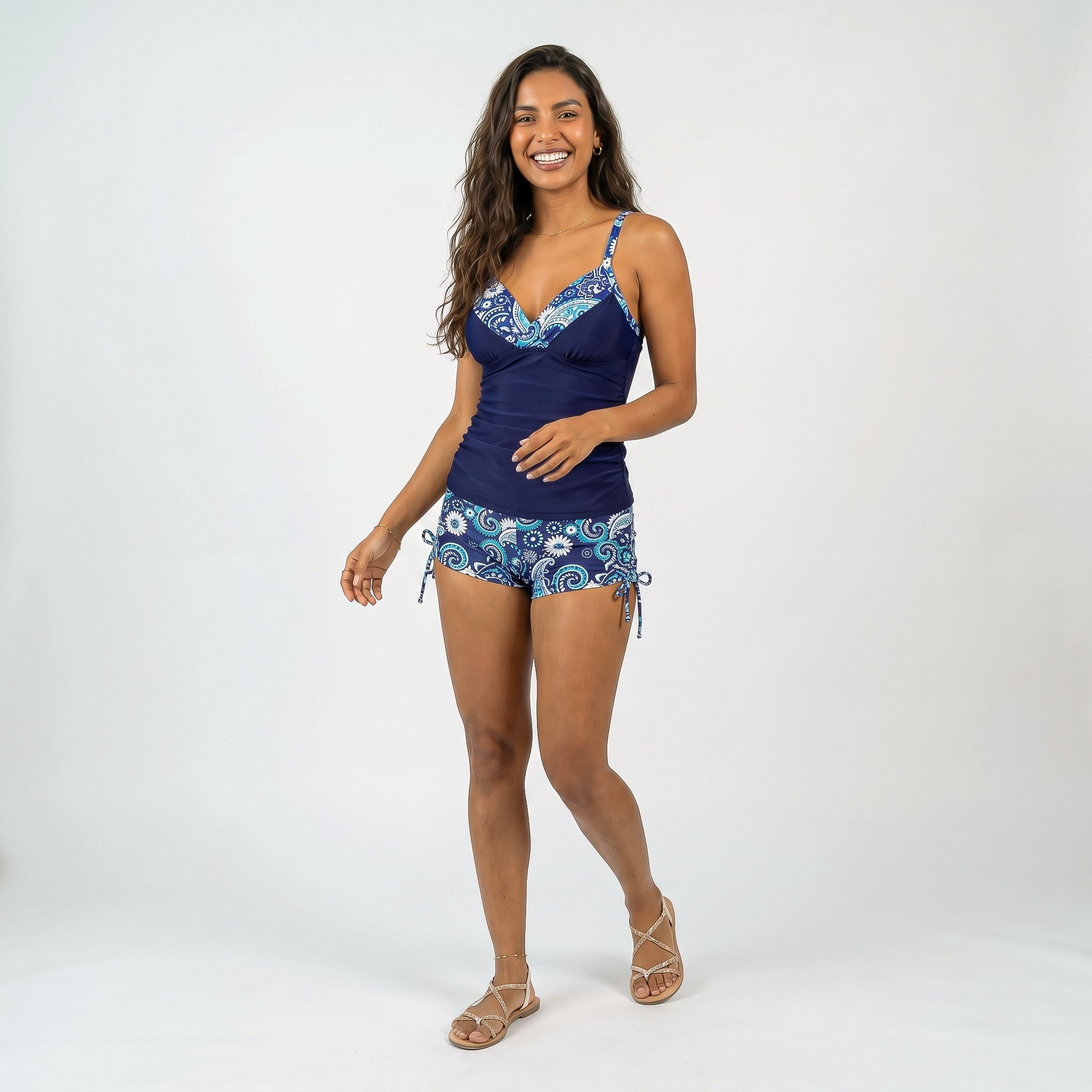 Anna-Kaci Women's 2-Piece Tankini Swimsuit Set with Paisley Print Boyshort Bottoms and V-Neck Top