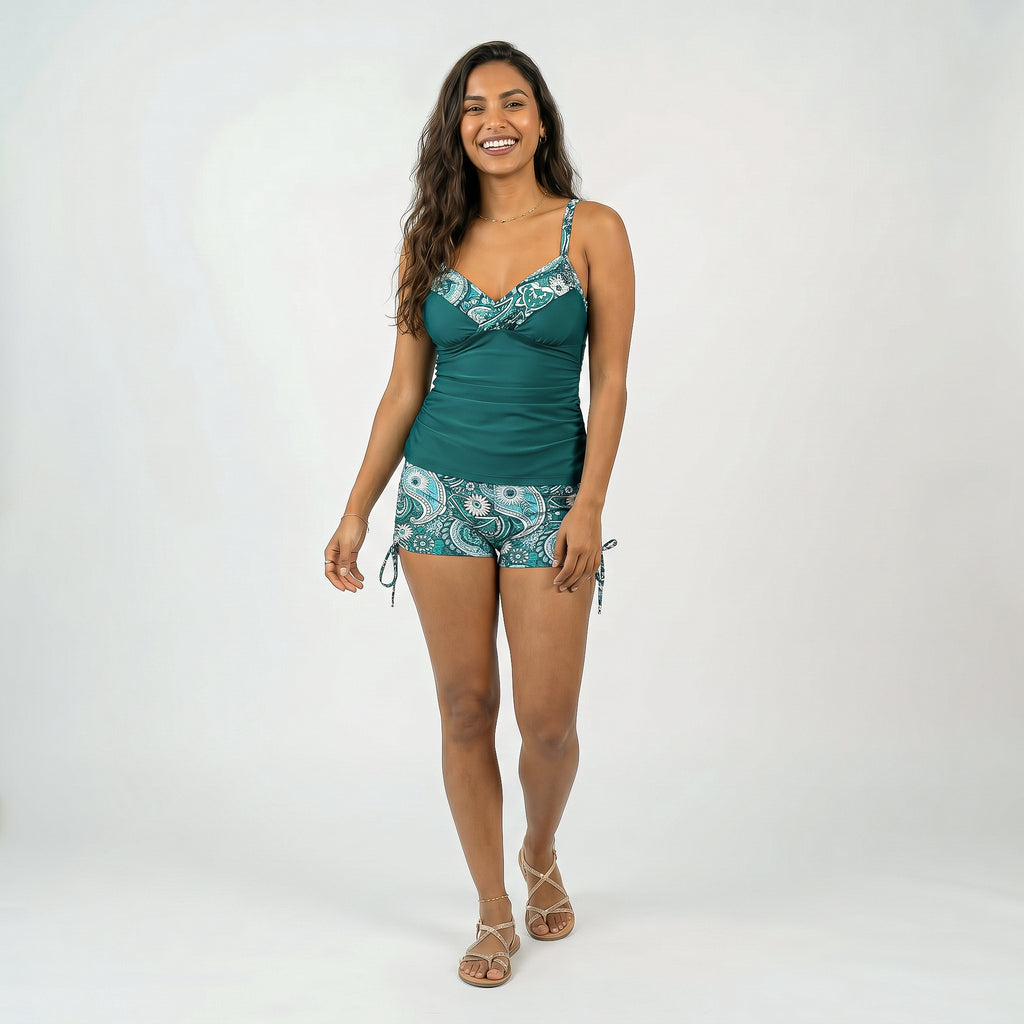 Anna-Kaci Women's 2-Piece Tankini Swimsuit Set with Paisley Print Boyshort Bottoms and V-Neck Top