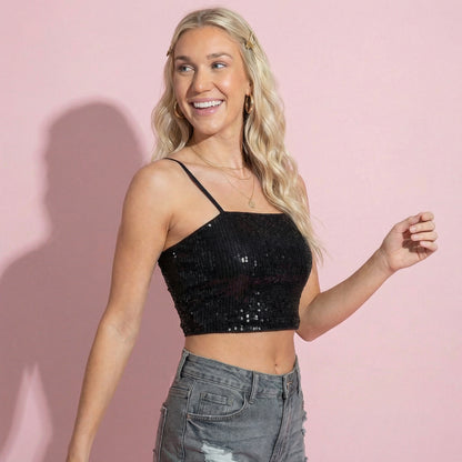 Sparkly Sequin Tank Top Spaghetti Strap Zipper Tube Tops